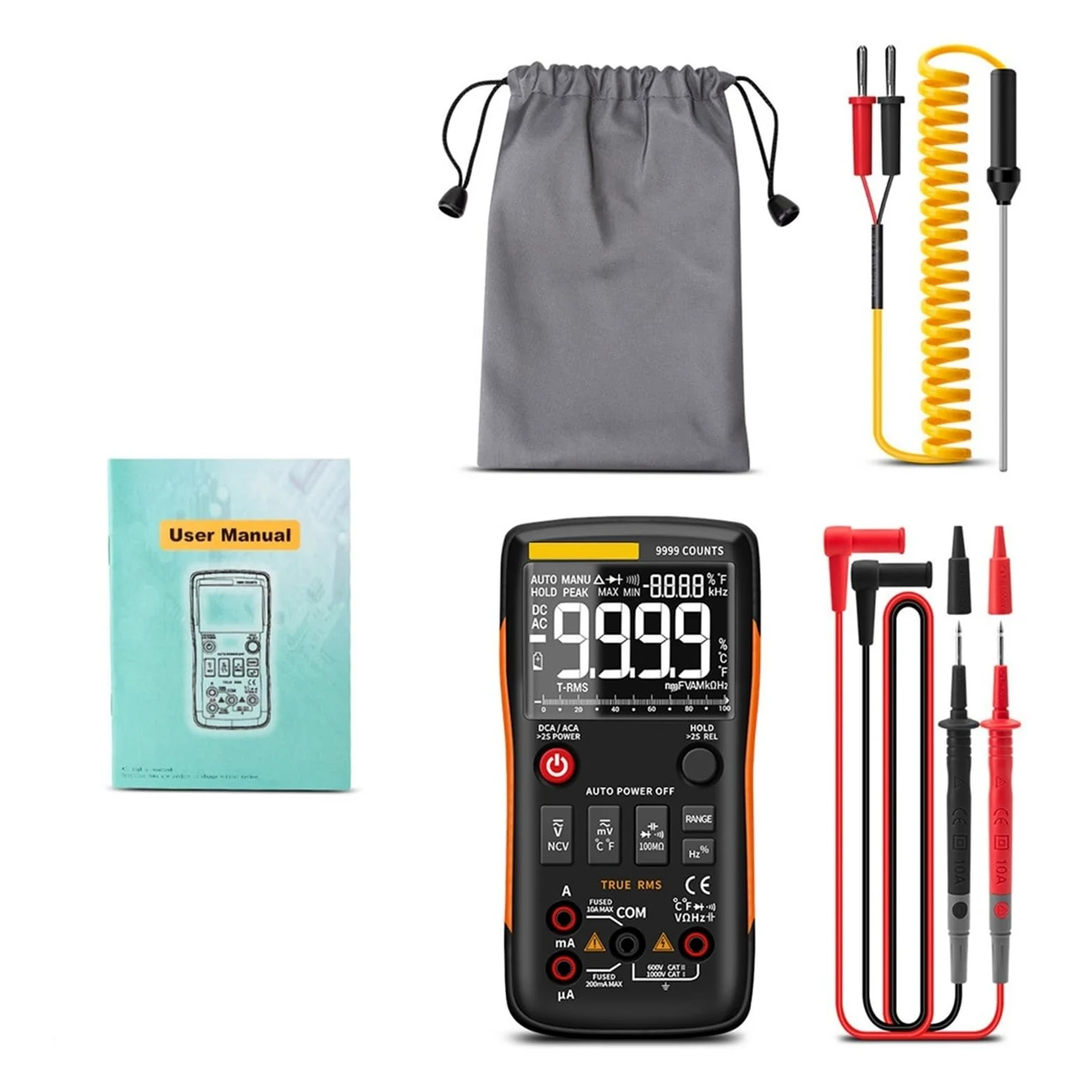Multimetr Cyfrowy 9999 Zlicza True Samochodowy Tranzystor Elektryczny Kondensator NCV Tester Profesjonalny Miernik Test Szybko Dokładnie Łatwy Odczyt(Q1 Orange)