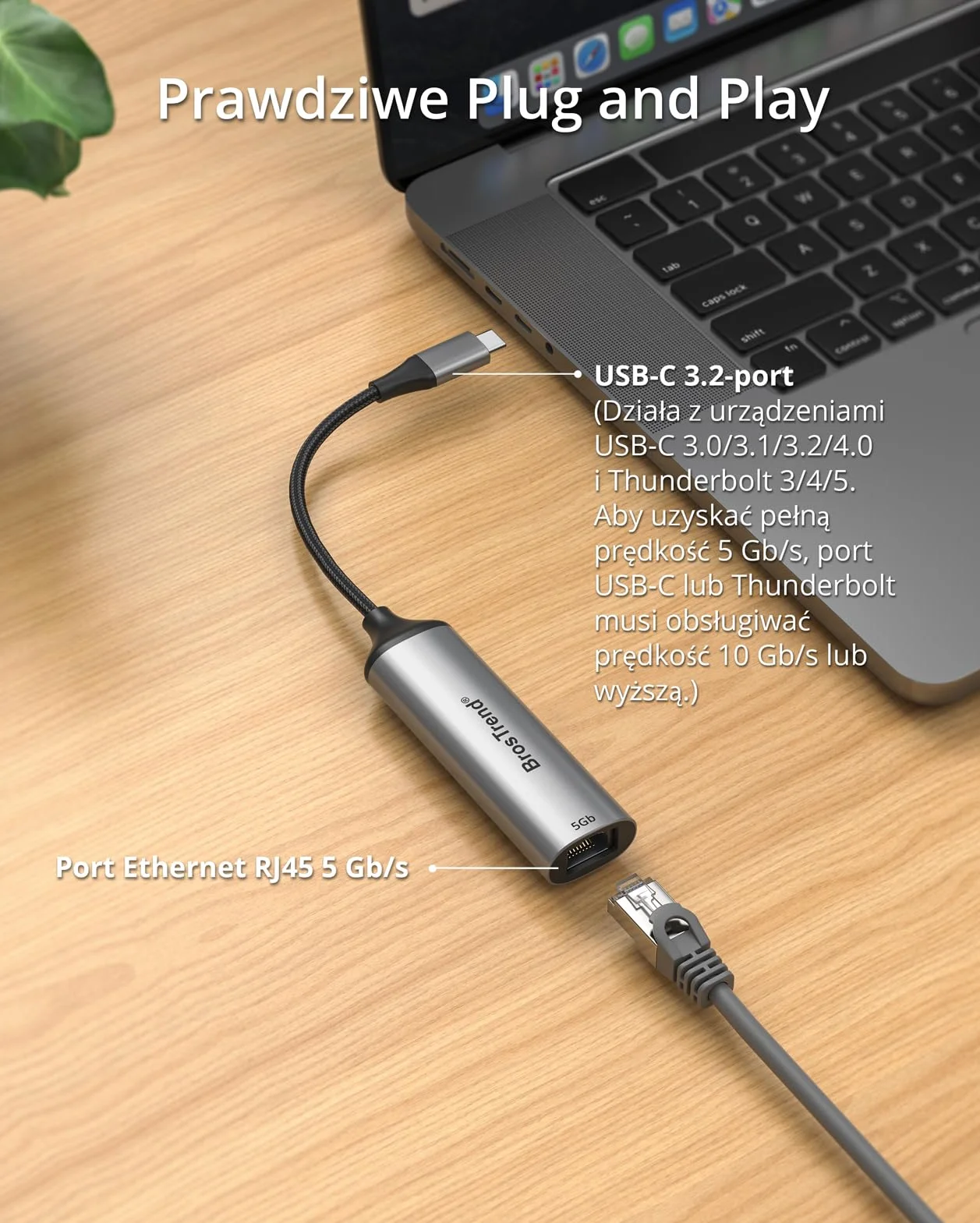 BrosTrend Adapter 5 Gb USB C do Ethernetu, 5 Gigabit Ethernet do Type C do laptopa, MacBooka, iPhone'a, adapter sieciowy RJ45 do USB dla ChromeOS, Windows i Linuxa, dożywotnia gwarancja