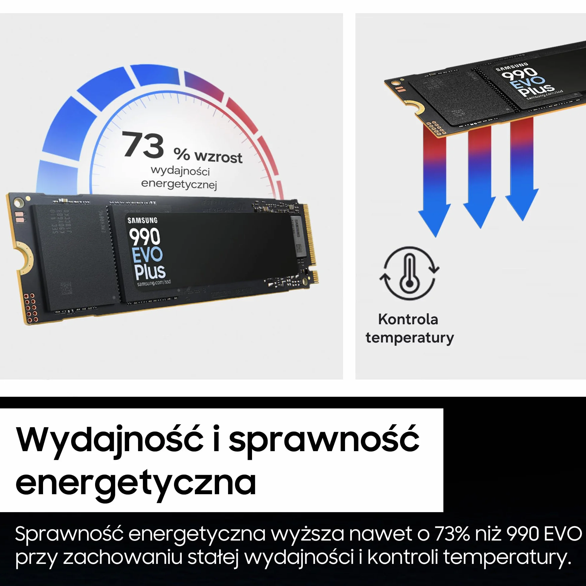 Dysk SSD Samsung 990 EVO Plus NVMe M.2 1 TB, PCIe 4.0 x4 / PCIe 5.0 x2, NVMe 2.0 (2280), odczyt 7150 MB/s, zapis 6300 MB/s, wewnętrzny dysk SSD do gier i edycji grafiki, MZ-V9S1T0BW