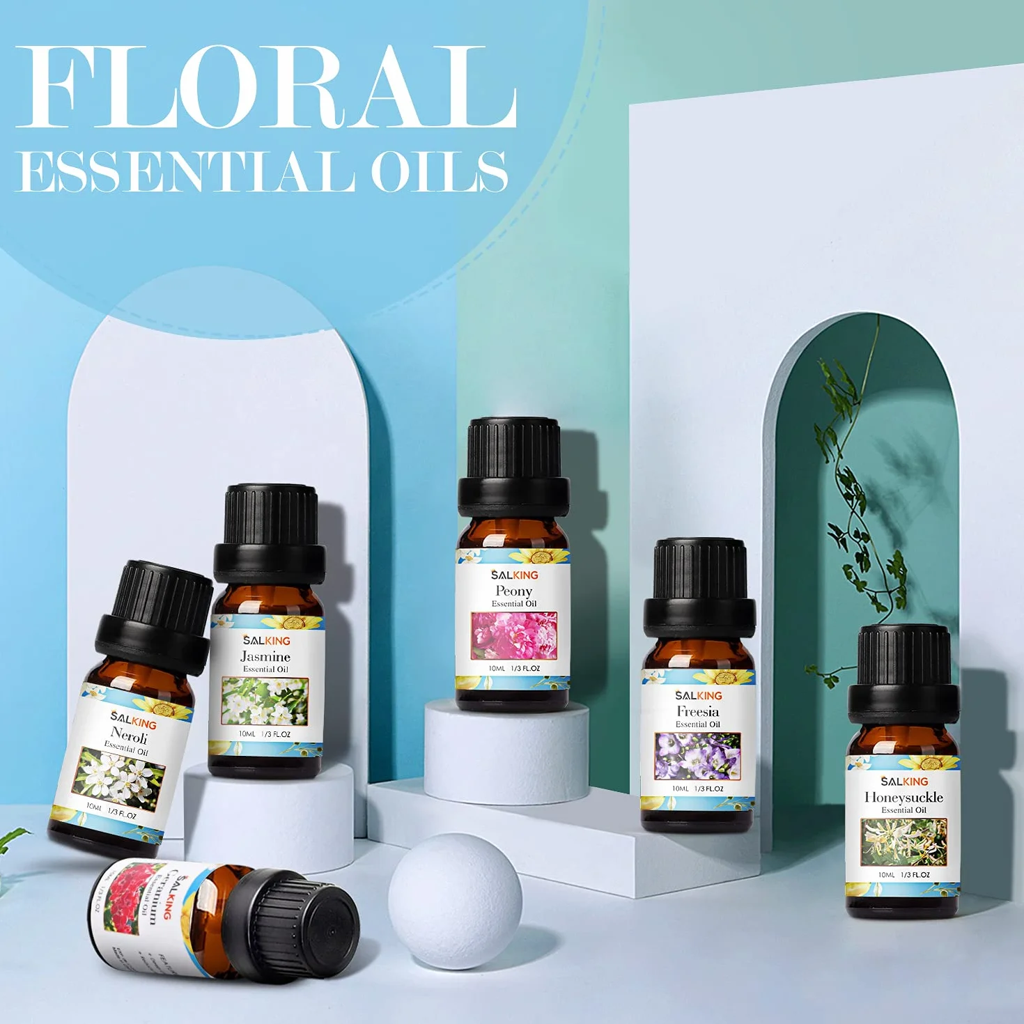 Kwiaty Olejki eteryczne do dyfuzorów, zestaw olejków eterycznych SALKING DIY czyste świece, masaż, aromaterapia, wiciokrzew, Frezja, piwonia, jaśmin, geranium, neroli, 6 x 10 ml