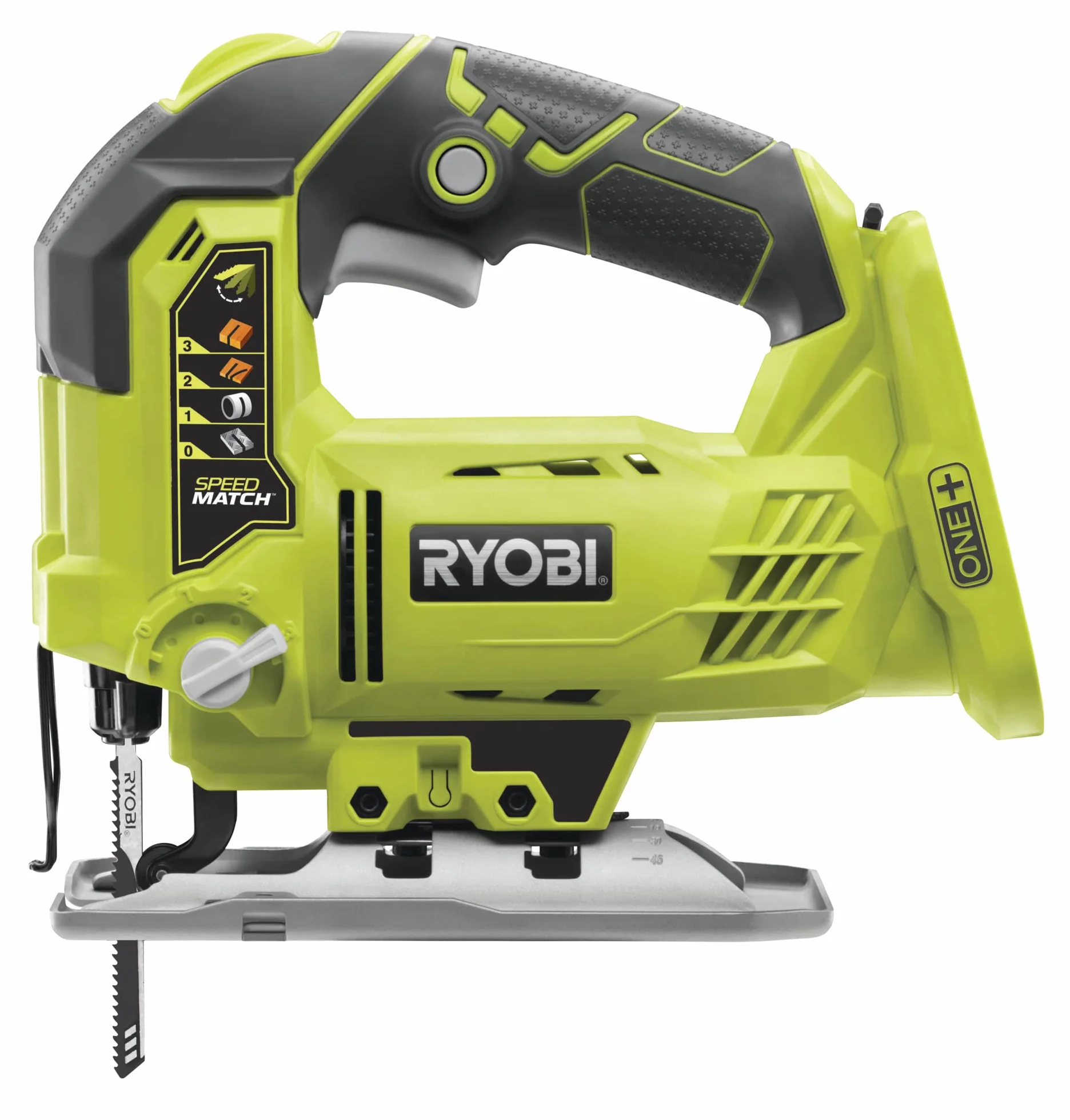 Ryobi Wyrzynarka akumulatorowa 18V, R18JS-0, cięcię pod kątem 0-45°, regulacja prędkości, maks. zdolność cięcia 101 mm w drewnie, 10 mm w aluminium, 6 mm w stali, uchwyt brzeszczotu typy T, dioda LED