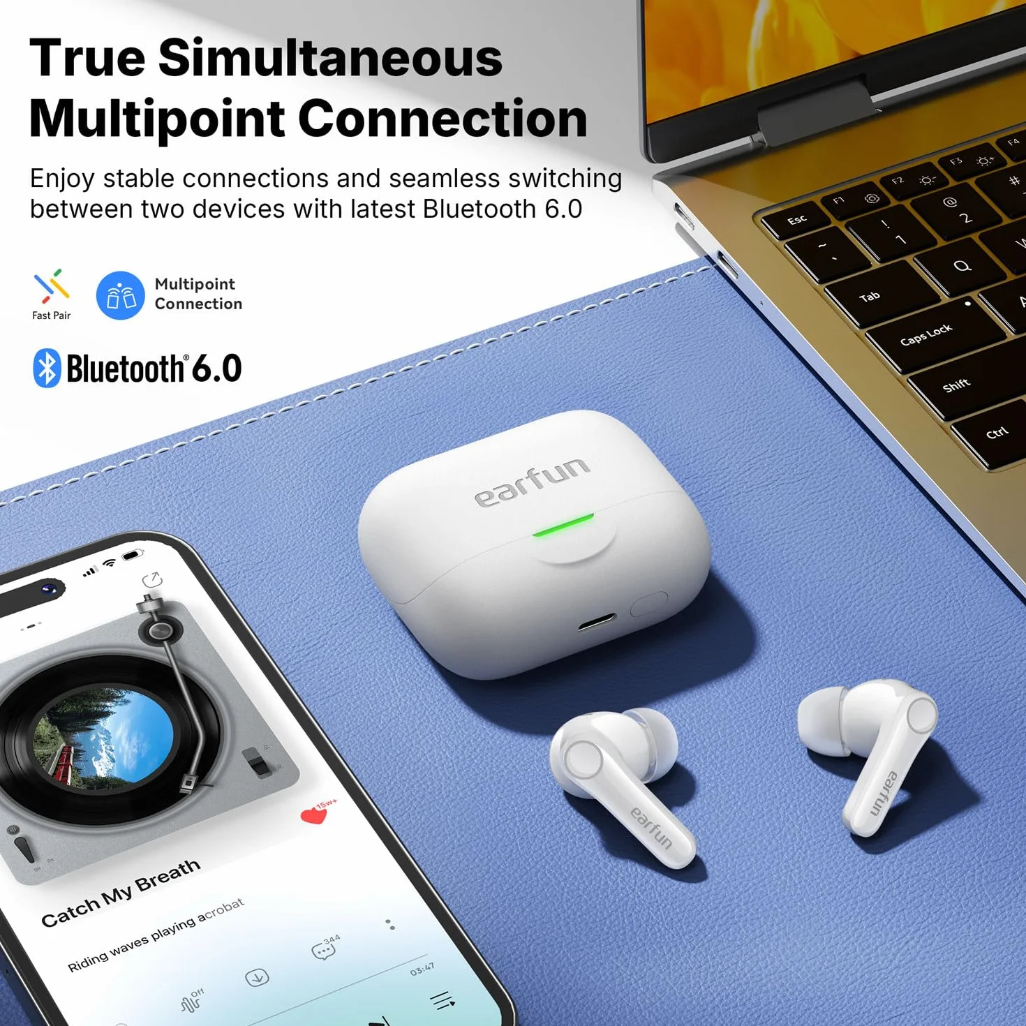 EarFun Air Pro 4+ słuchawki Bluetooth z redukcją szumów, hybrydowy system sterowników, Hi-Res Audio, aptX Lossless, LDAC, 6 Mik. AI połączeń, akumulator 54 godziny, multipoint, rozpoznawanie noszenia