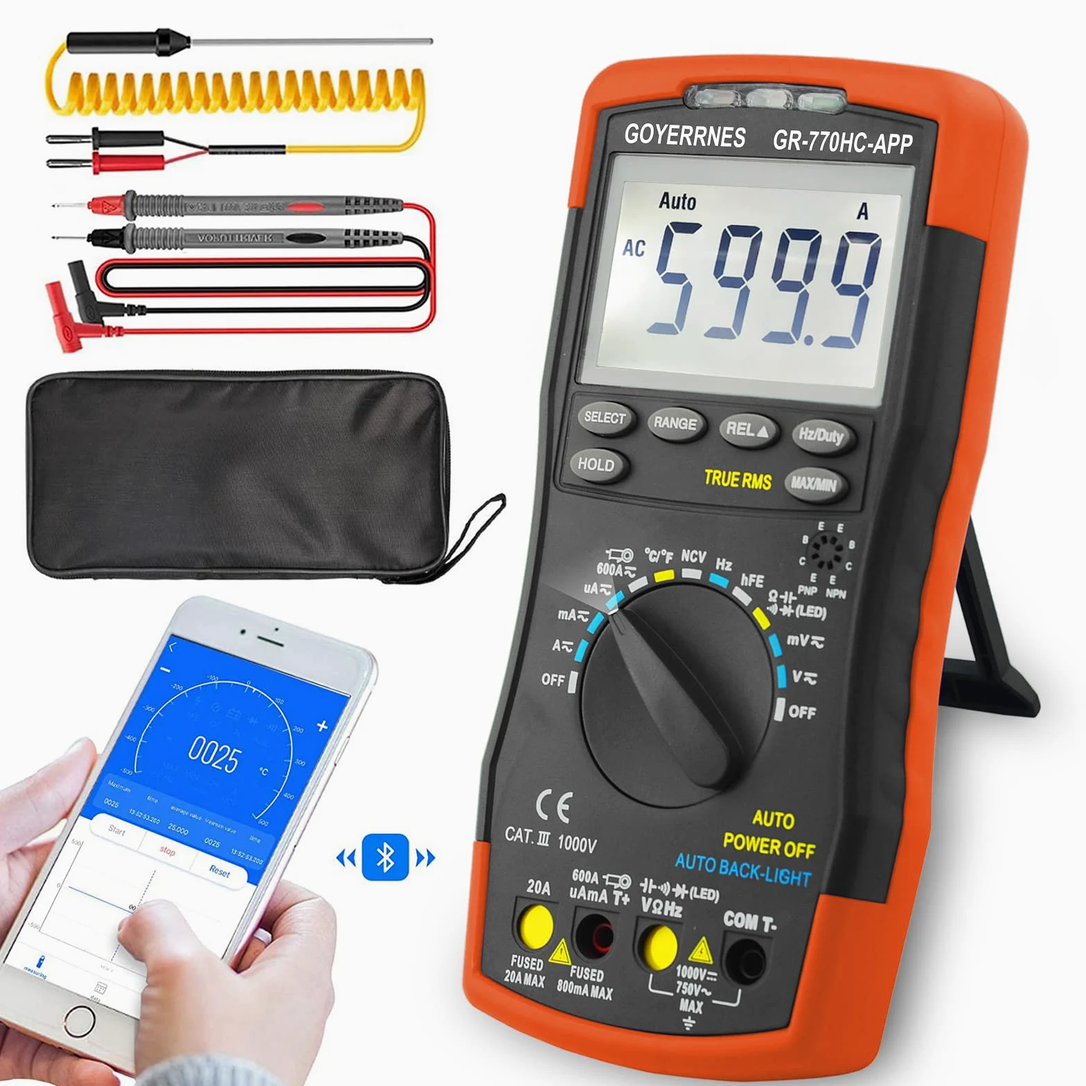 Multimetr cyfrowy GR-770HC-APP TRMS 6000 zliczeń AC DC Amp Meter bezdotykowy automatyczny zakres z aplikacją mobilną dokładnie mierzy diody oporowe na napięcie wzmacniacza ciągłość cyklu pracy