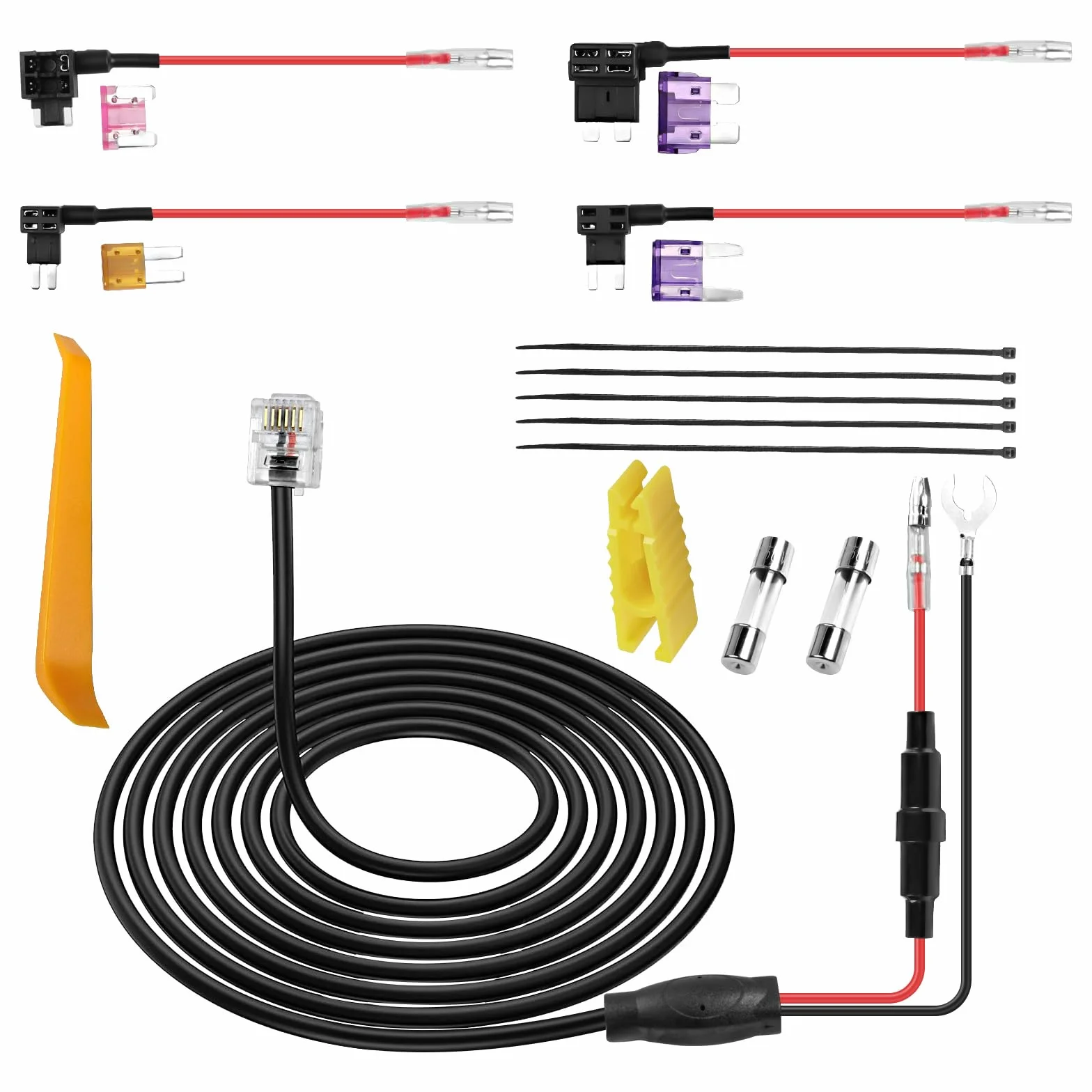 XMSJSIY RJ11 zestaw detektorów radarowych Hardwire Kit bezpośrednie okablowanie zestaw detektorów radarowych szybkie połączenie do lokalizatora GPS z 4 kranami zabezpieczającymi, kablem zasilającym i