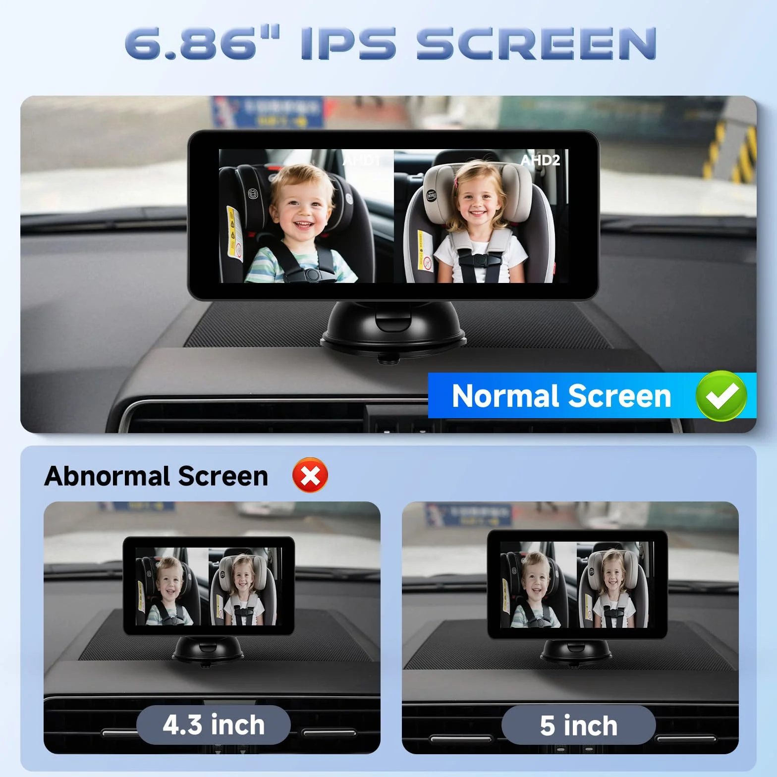 Podwójna kamera samochodowa dla 2 dzieci 6,86 cala wyświetlacz IPS Split-Screen HD widoczność w nocy obracana o 360° kamera bezpieczeństwa