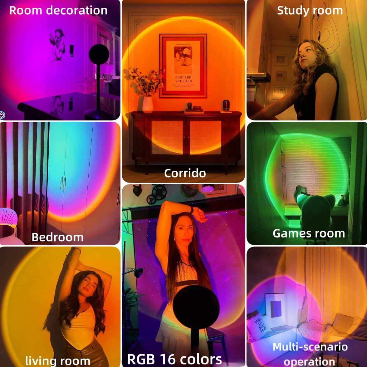 QUIGO Lampa projekcyjna Sunset LED do sypialni, lampka nocna, lampa nastrojowa, lampa słoneczna, wschodu i zachodu słońca, 10W, oświetlenie tęczy, dekoracja pokojowa, prezent świąteczny dla kobiet