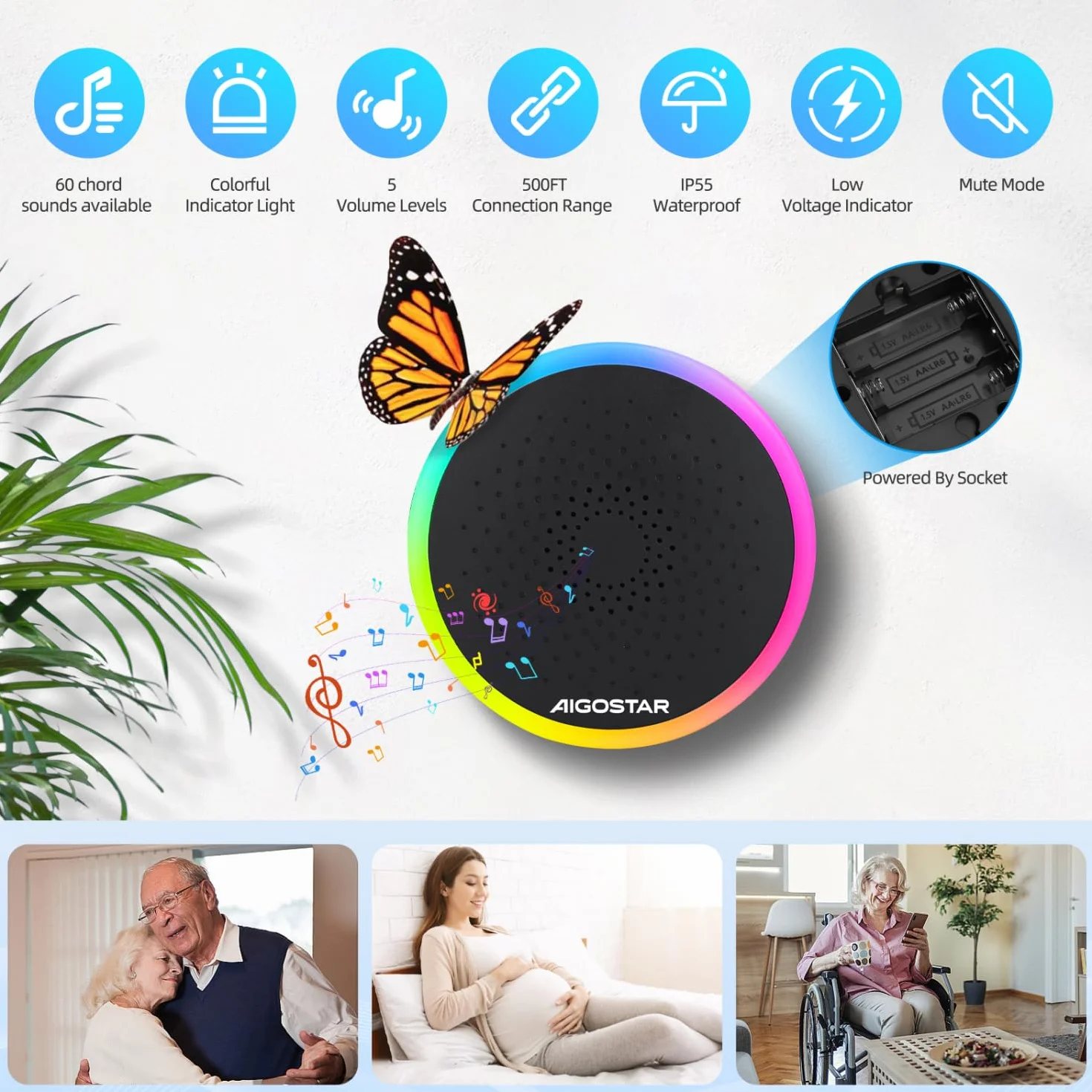 Aigostar Bezprzewodowy dzwonek RGB, wodoodporny, zewnętrzny bezprzewodowy dzwonek, IP55, 5 poziomów głośności (0-120 dB) i 60 melodii