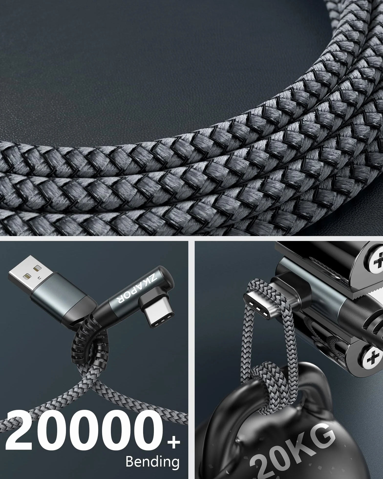 ZKAPOR Kabel USB C 0.3M 3,1A, kabel ładujący pod kątem 90 stopni USB C, kabel szybkiego ładowania USB C, nylonowy kabel ładujący USB C do Phone 15 Pro Max/15 Pro, Galaxy S24/S23/S22, Note 20