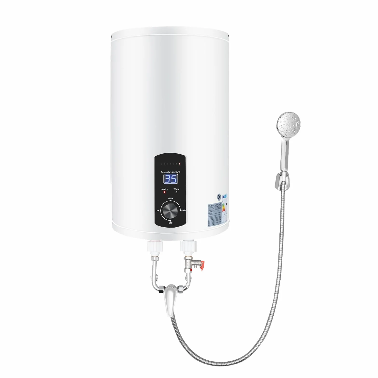 Elektroniczny przepływowy podgrzewacz wody, 2 kW, 30 l, podgrzewacz wody z kranami, słuchawkami prysznicowymi, 25-75°C, wyświetlacz cyfrowy, ochrona przed wyciekiem, DSZF, biały