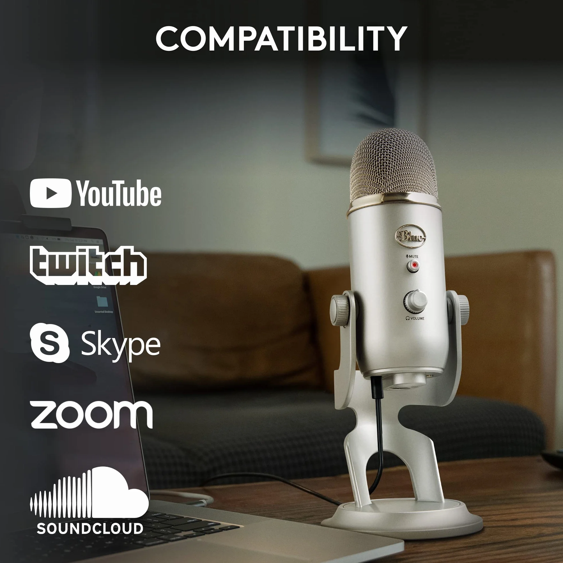 Blue Yeti Mikrofon USB do PC, Mac, Gaming, Streaming, Podkasty, Mikrofon Kondensacyjny do Studio i Komputera, Blue VO!CE, 4 Sposoby Wychwytywania Dźwięku, Plug and Play - Srebro