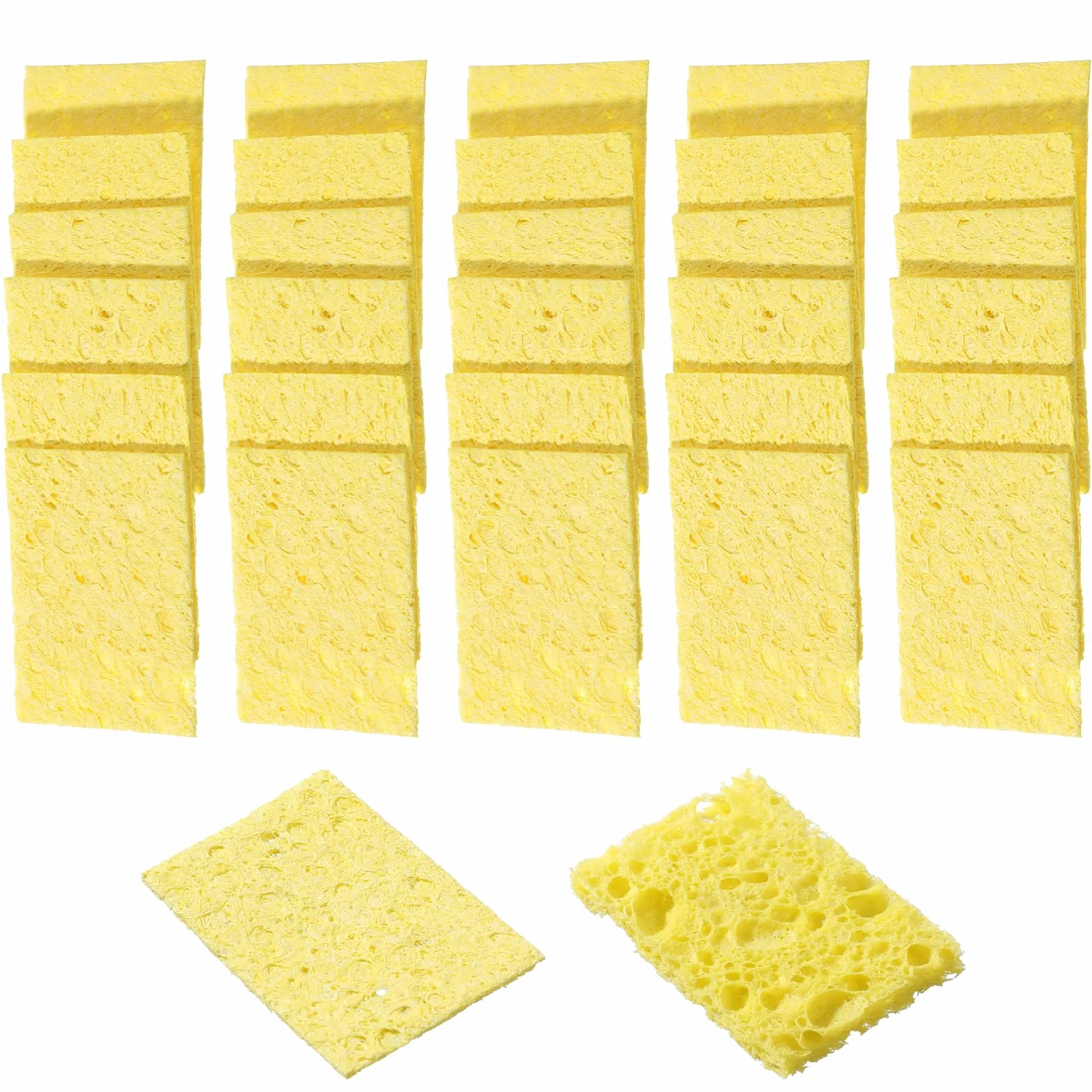 Qianyu Gąbka do lutowania, 30 sztuk, profesjonalna gąbka do czyszczenia grotów lutowniczych, wymienna gąbka do czyszczenia lutownicy 50 x 35 mm, kwadratowe gąbki wysokotemperaturowe żółte pogrubione
