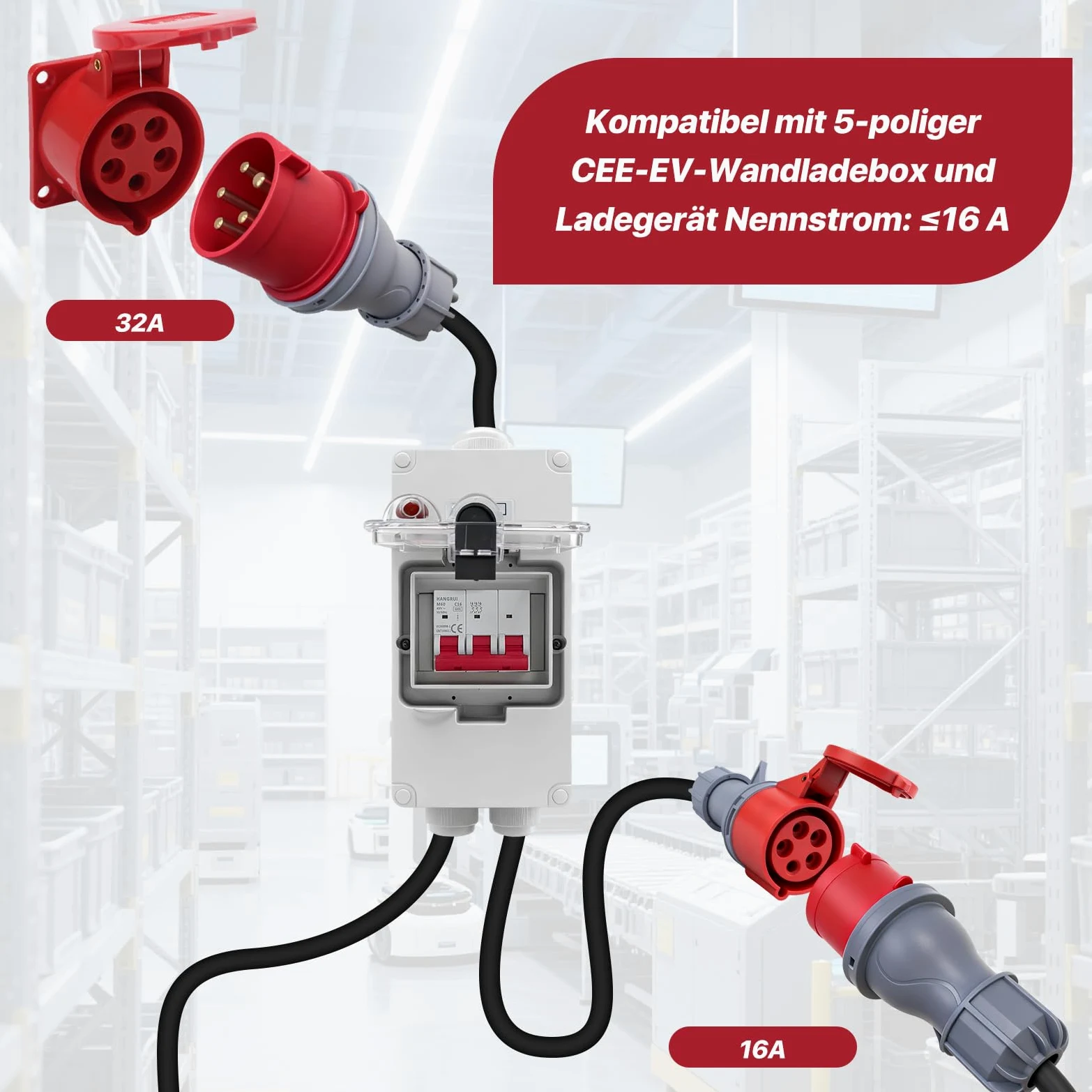 Adapter CEE 32 A na 16 A, wtyczka CEE, kabel przedłużający 230 V, IP44-66, rozdzielacz prądu z wyłącznikiem nadmiarowym, 5-pinowe gniazdko do warsztatu, na plac budowy