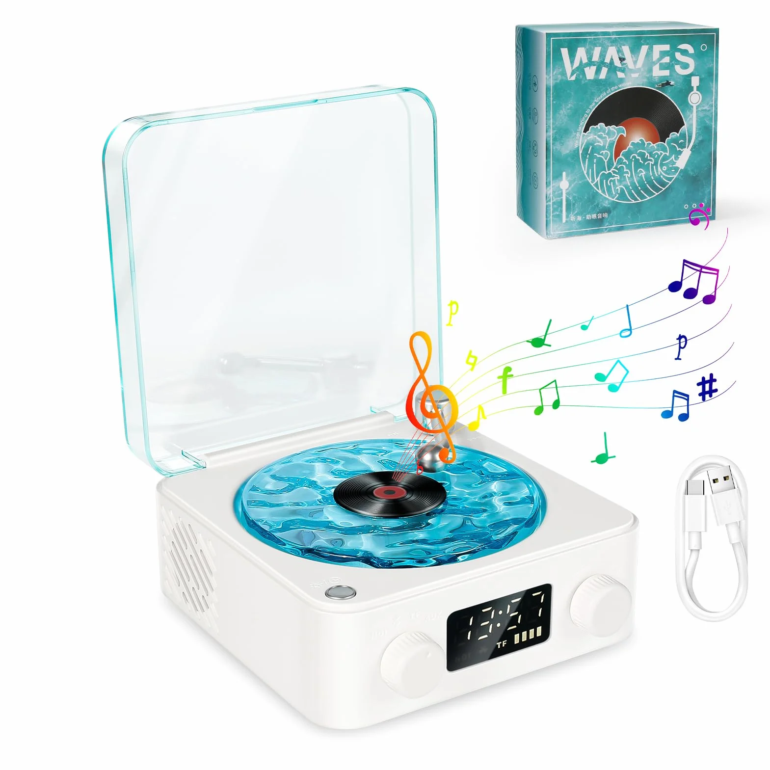 Odtwarzacz płyt winylowych Waves z głośnikiem Bluetooth i światłem Water Ripple