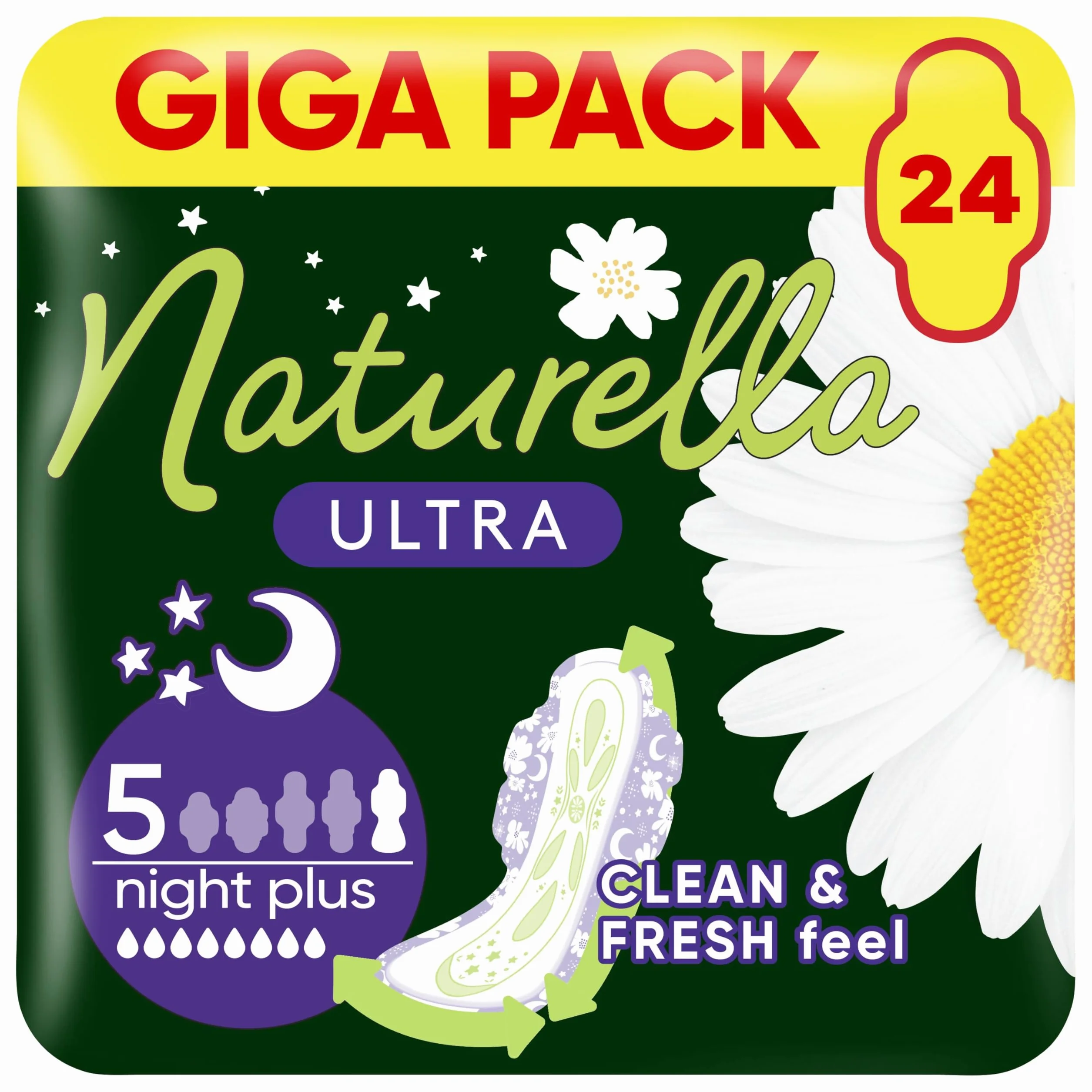 Naturella Ultra Night Plus Podpaski ze skrzydełkami rozmiar 5, נ24, uczucie czystości i świeżości, o 43% dłuższe i o 27% szersze