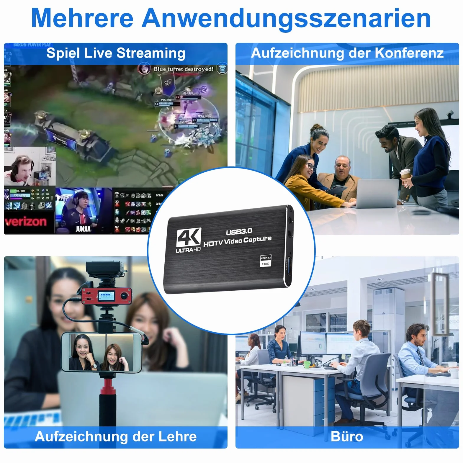 Karta przechwytywania wideo 4K, USB 3.0, obsługuje wyjście 4K HDMI Loop i nagrywanie strumieniowe wideo 1080p 60 kl./s, kompatybilna z Xbox/PS4/Switch/aparatem/PC/OBS