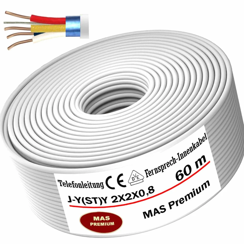 MAS Premium Kabel telekomunikacyjny J-Y (ST) Y 2 x 2 x 0,8 kabel telefoniczny, przewód dzwonkowy, przewód telekomunikacyjny (60 m)