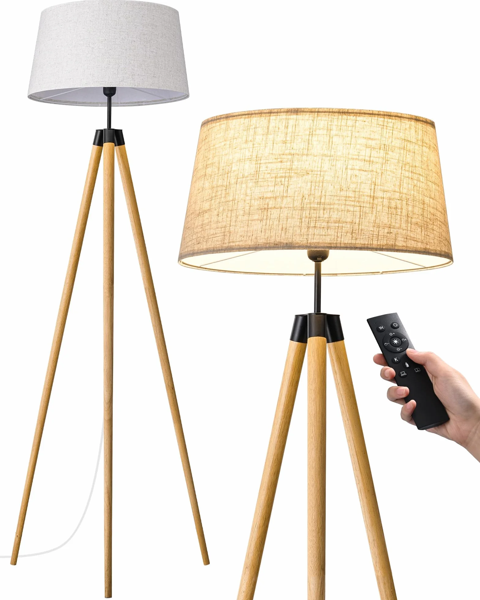 EDISHINE Lampa stojąca do salonu, ściemniana, lampa stojąca w stylu boho ze statywem z drewna, w zestawie żarówka LED E27 i pilot zdalnego sterowania, abażur w stylu vintage, lampa do czytania do