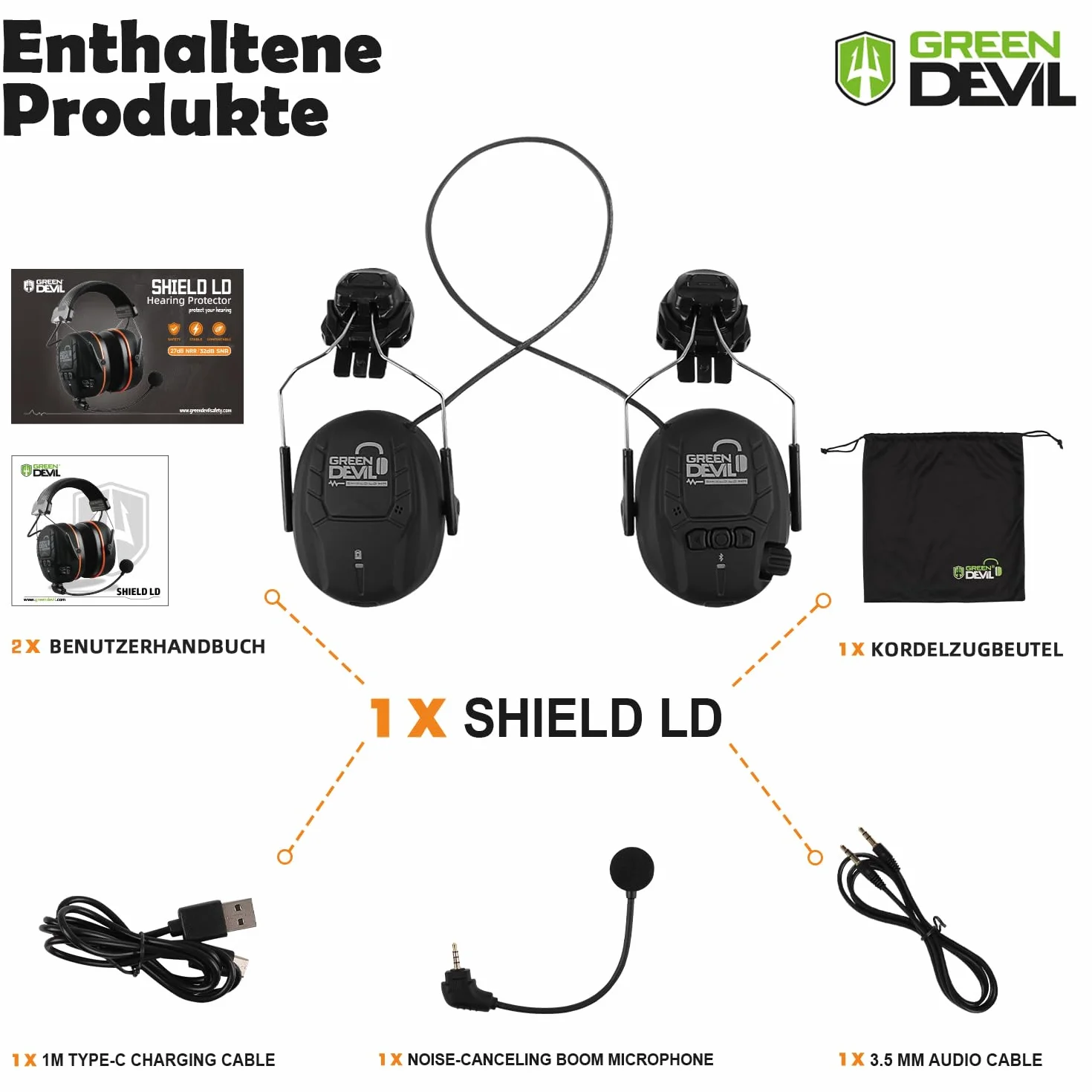 GREEN DEVIL Shield LD HM aktywna ochrona słuchu – elektroniczne nauszniki pasujące do kasków, zgodne z normą EN352 SNR 32 dB z technologią Bluetooth 5.3, wbudowany mikrofon