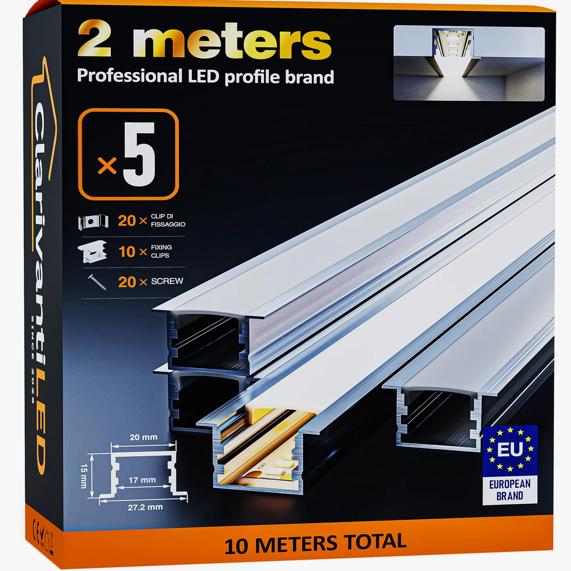 Profil LED profil aluminiowy w kształcie litery U z mleczną białą pokrywą, kanał z dyfuzorem, profile aluminiowe taśmy LED (2000 × 20 × 15 mm, w kształcie litery U (z krawędzią), 5 × 2