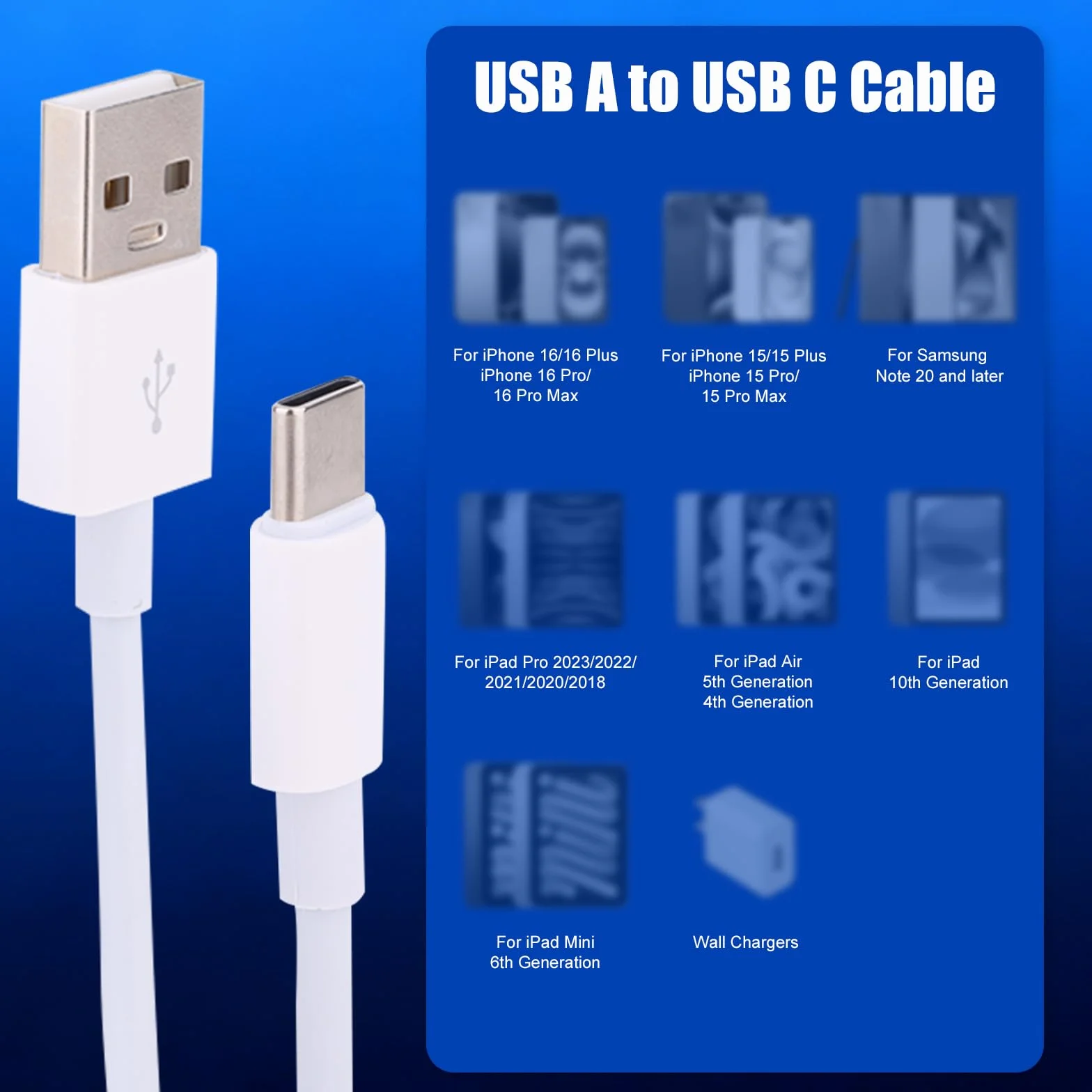 Kable USB C USB A do Typu C Ładowania dla Samsung Note 20 iPhone Seria 15 iPad Pro 2018-2023 iPad Air 4-5 Generacji