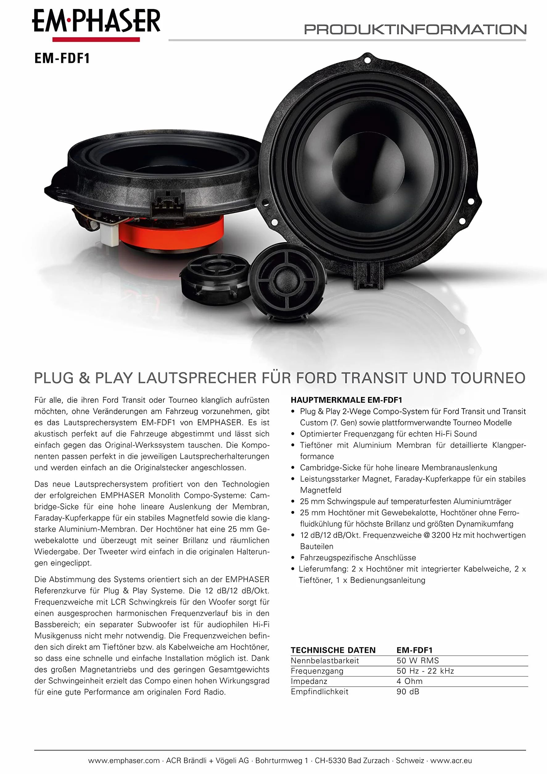 Emphaser EM-FDF1 Ford Transit 16 cm Kompo Lautsprecher System vordere Türen
