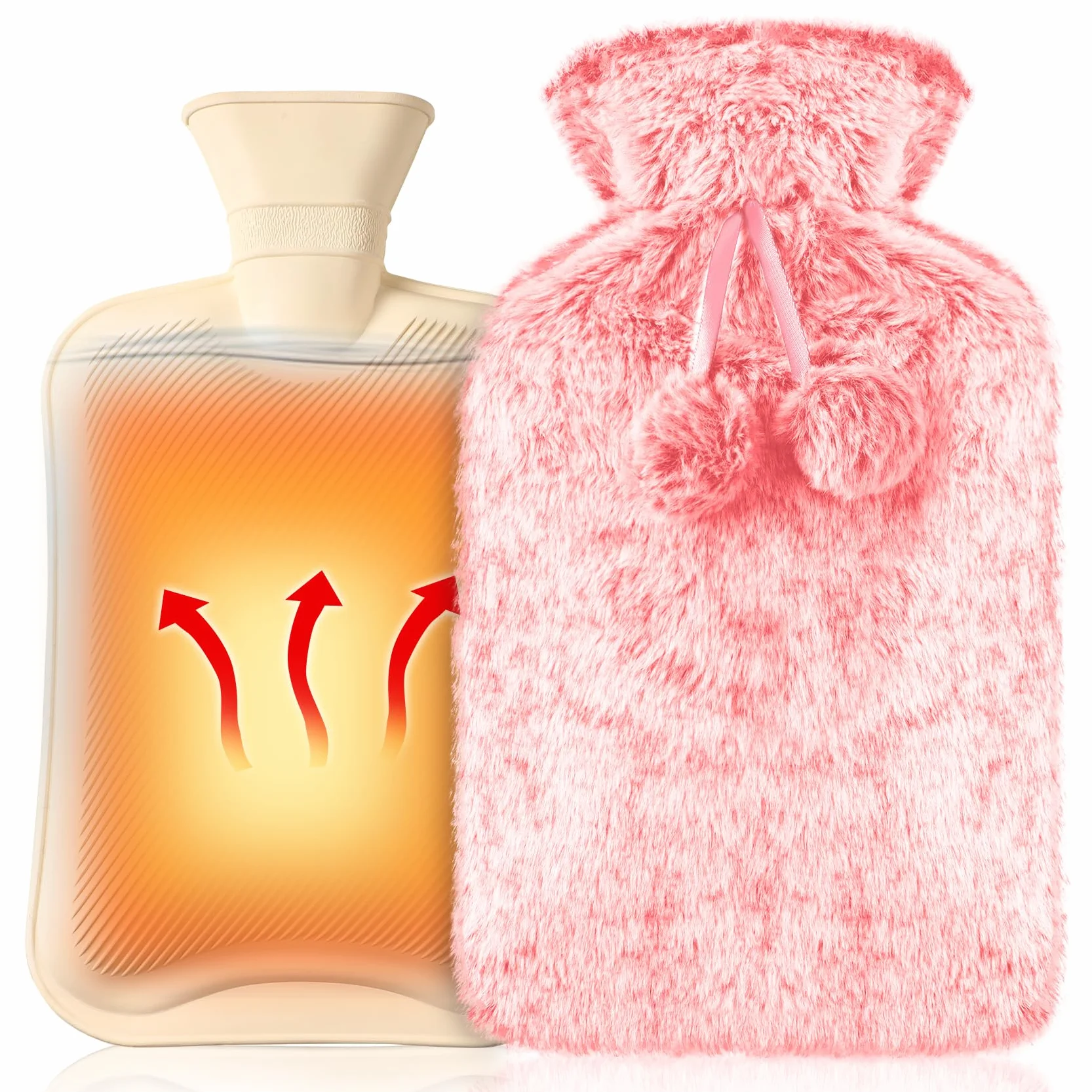 Bolsa de Agua Caliente 2L con Funda de Felpa Suave, Botella de Goma Natural para Alivio del Dolor, Calor y Confort en Noches Frías, Ideal como Regalo para Niños y Adultos, Duradera y Elegante (Rosa)