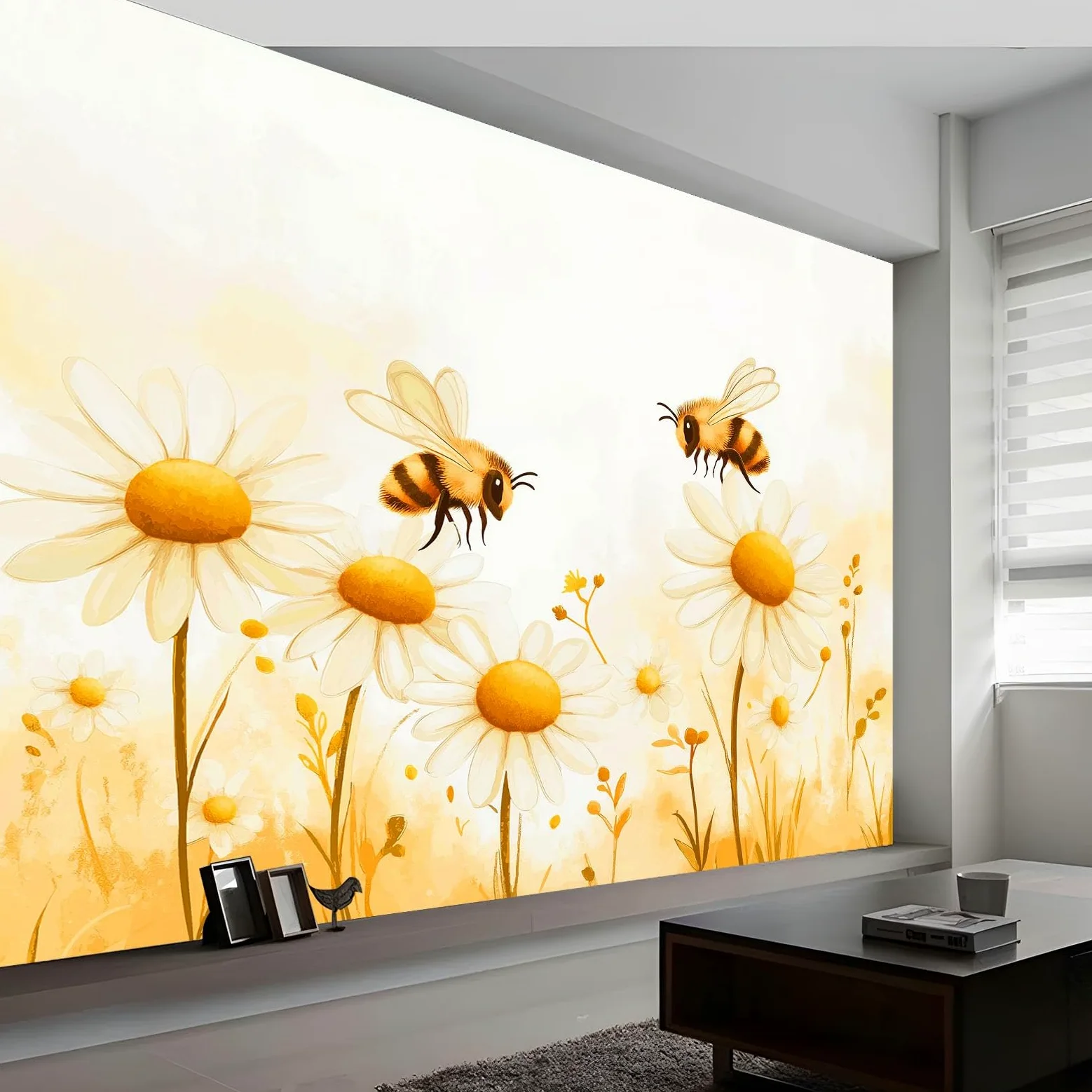 Jasnożółta tapeta ścienna mural owad kreskówka pszczoła stokrotki, wysokiej jakości tapeta z włókniny mural do sypialni, salonu, dekoracja ścienna, 300 x 210 cm, druk artystyczny, papier fotograficzny