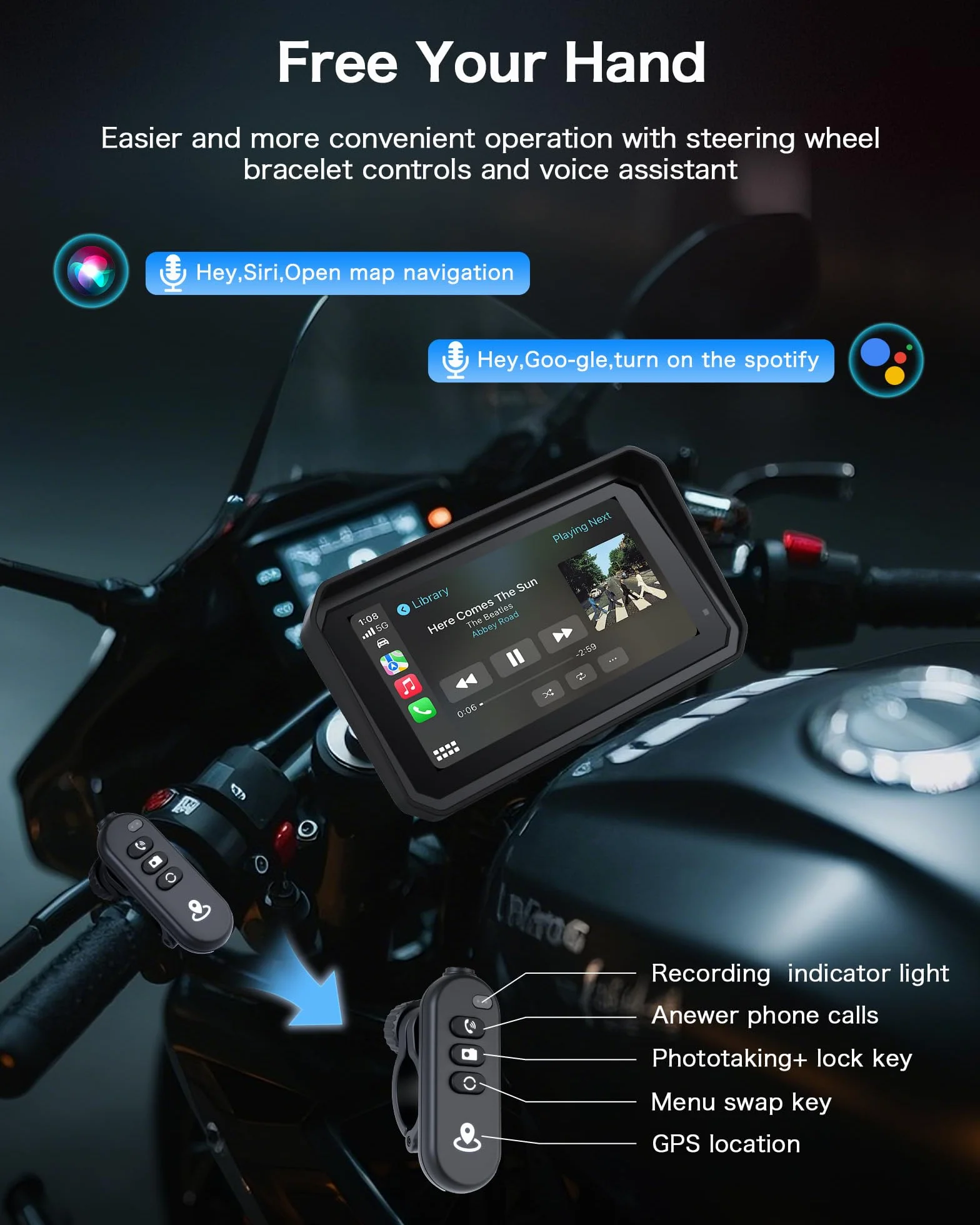 Kamera samochodowa 4K CarPlay z systemem Android, 6,25", nawigacja motocyklowa, wodoszczelność IP67, nawigacja GPS, do motocykli, Dual Bluetooth, Siri/G-Oogle Assistant, karta 64 GB