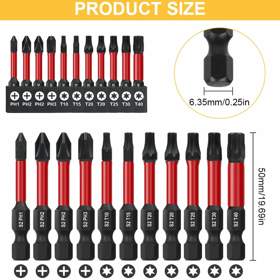 Flintronic Zestaw bitów wkrętaków Torx, magnetyczne bity udarowe, stal S2 Phillips Pozidriv, bity Torx odporne na manipulacje, T10 T15 T20 T25 T30 T40 PH1 PH2 PH3