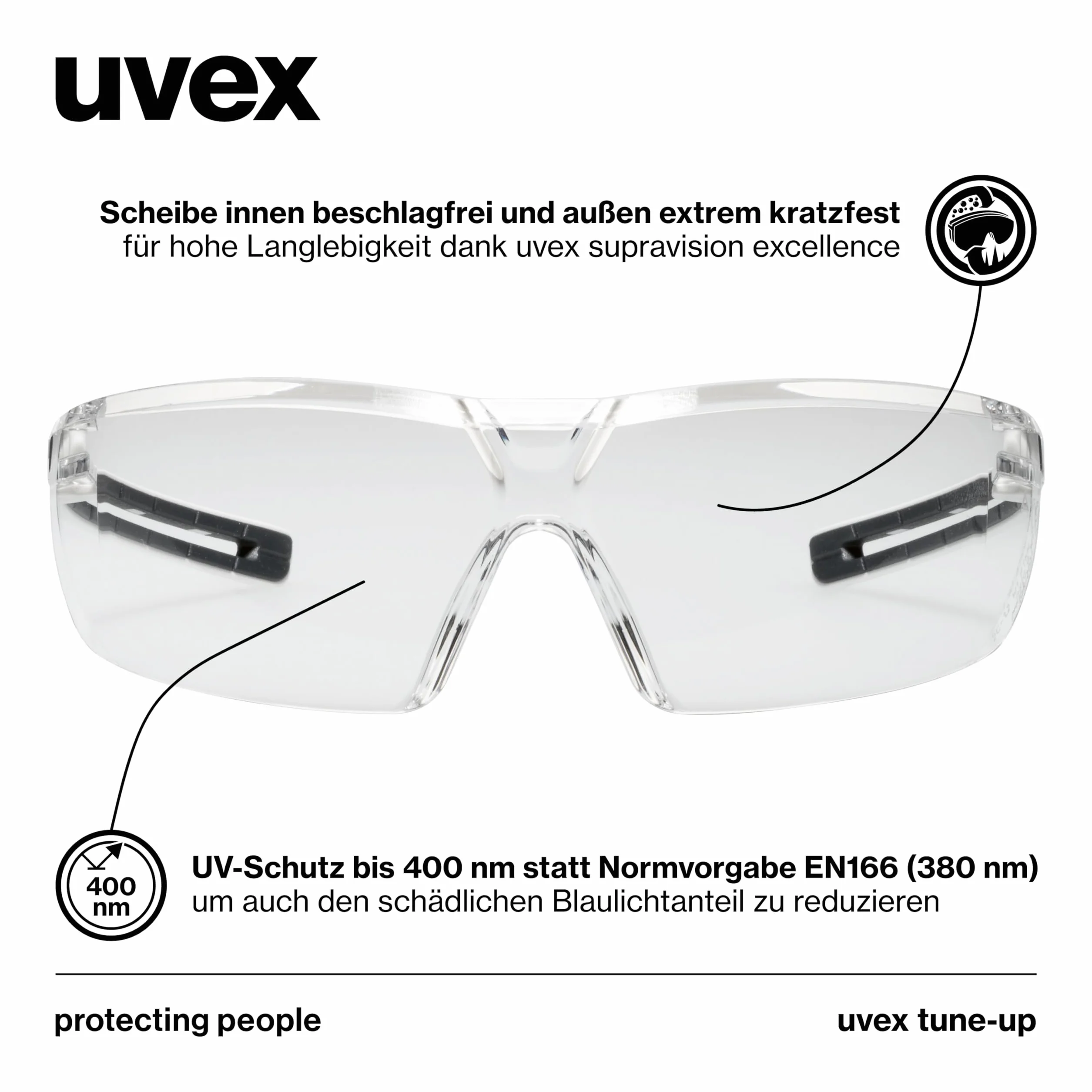 Uvex Tune-up okulary ochronne – okulary ochronne ze 100% ochroną przed promieniowaniem UV – bez metalu, odporne na zaparowanie i zarysowania – bardzo lekkie (23 g)