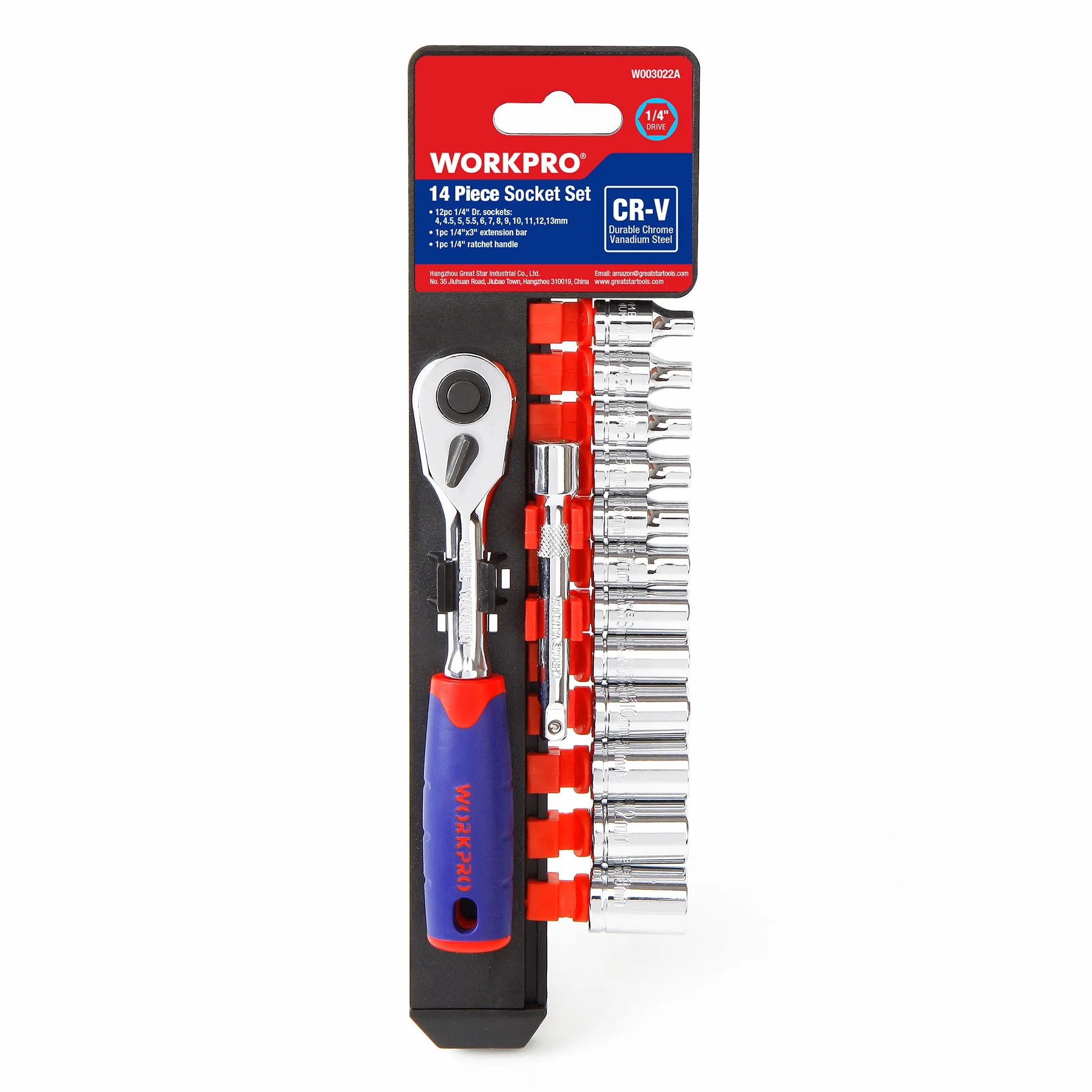 Workpro Zestaw kluczy grzechotkowych 1/4" z 72 zębami i nasadkami Cr-V, 14 sztuk