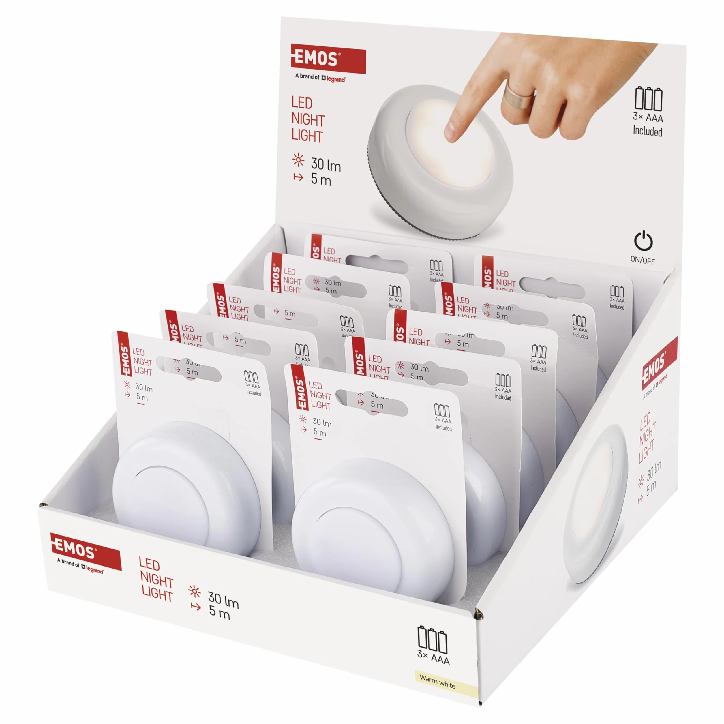 EMOS - Lampka nocna LED 10 sztuk z podkładkami samoprzylepnymi – 10 x światło orientacyjne zasilane bateriami (w zestawie 3 x AAA) – lampka dociskowa dla dzieci i seniorów do naklejenia – jasność 30
