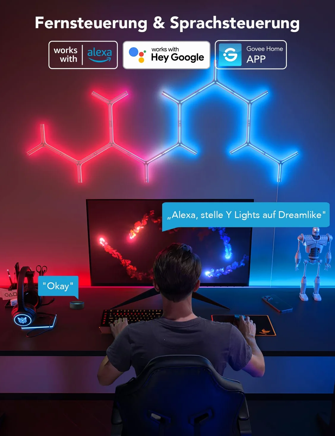 Govee Glide Y Lights, RGBIC LED Gaming Lights, Smart Home DIY kreatywne oświetlenie dekoracyjne z synchronizacją muzyki i 40+ trybów scenerii, lampy ścienne Wi-Fi do salonu, sypialni, 7 sztuk w