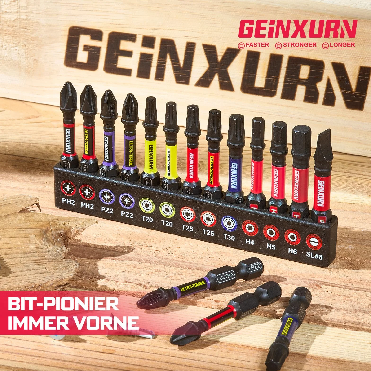 GEINXURN 13-częściowy zestaw bitów 50 mm PH PZ Torx Hex SL zestaw bitów udarowych, 1/4 cala sześciokątny trzpień S2 stal stopowa magnetyczny zestaw bitów do wkrętarek, ultra kod koloru