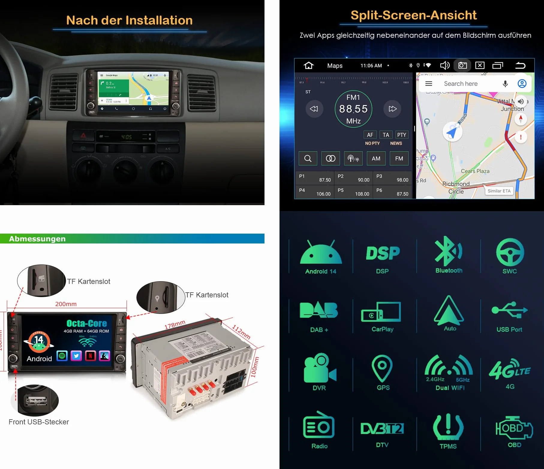 Erisin Radio samochodowe Android 14 8-rdzeniowe GPS 7 cali DAB+ CarPlay ekran dotykowy do Toyota Hilux RAV4 Corolla Prado Vios Land Cruiser