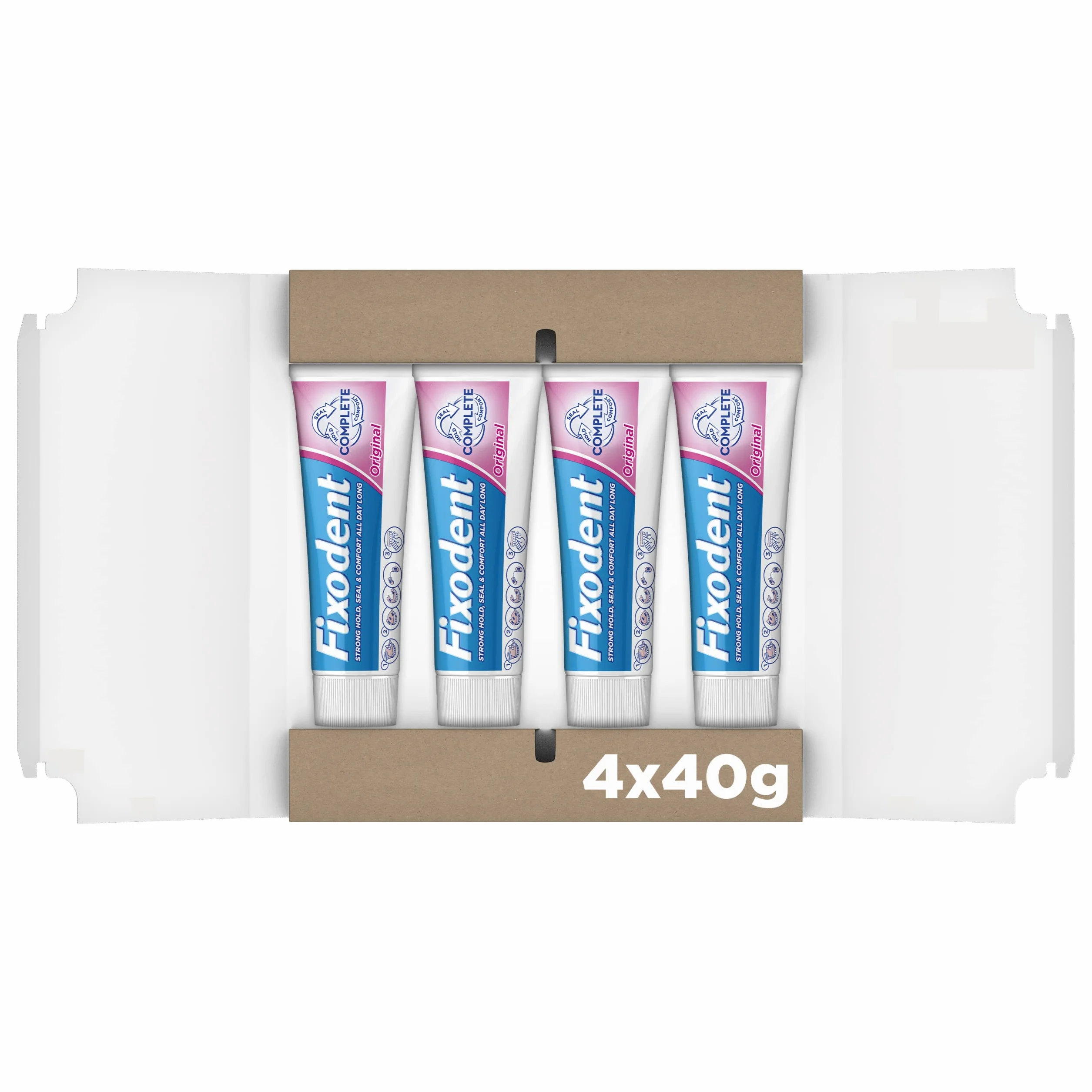 Fixodent Kompletne kleje do protez kremowych, 4 x 40 g, opakowanie oszczędzające, 10 x mocniejsze trzymanie kontra bez kleju, lepszy komfort i uszczelnienie żywnościowe, oryginalny, miętowy