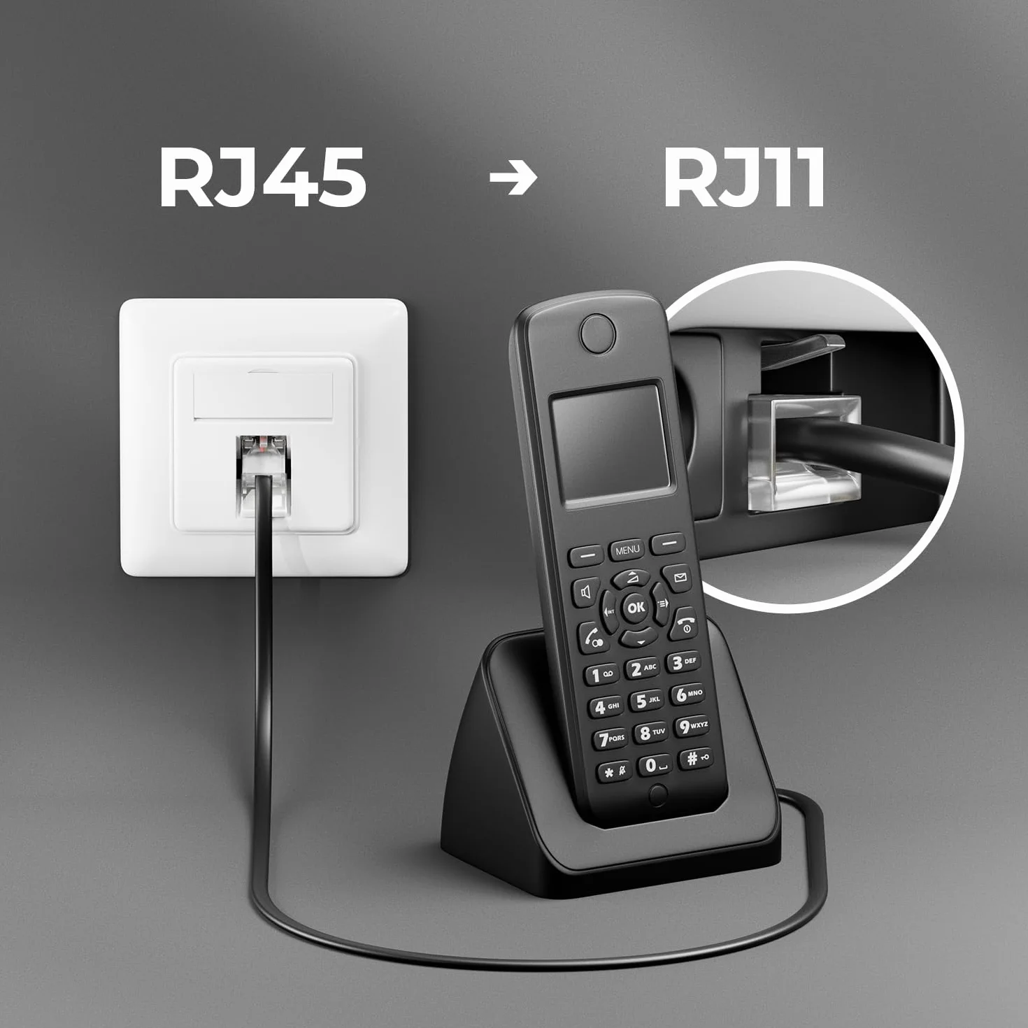deleyCON 0,5m Kabel Telefoniczny RJ11 na RJ45 Płaski Przewód Czarny