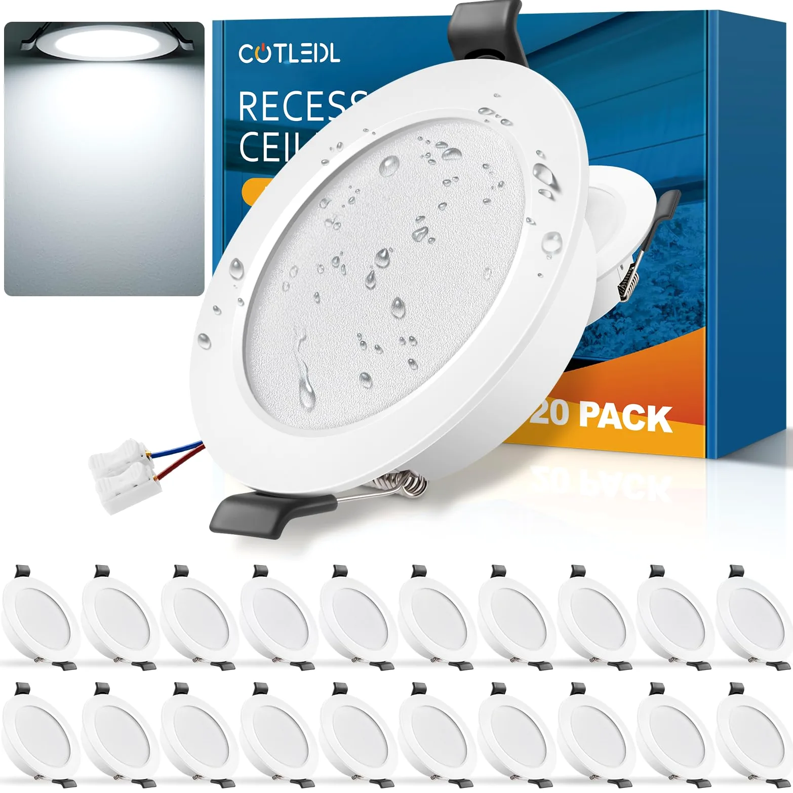 Reflektory wpuszczane LED 230 V Płaskie Zestaw 20 reflektorów LED 5 W 450 LM IP44 Łazienkowe reflektory wpuszczane, średnica montażowa 68-80 mm Reflektory sufitowe, 6000 K Reflektory wpuszczane