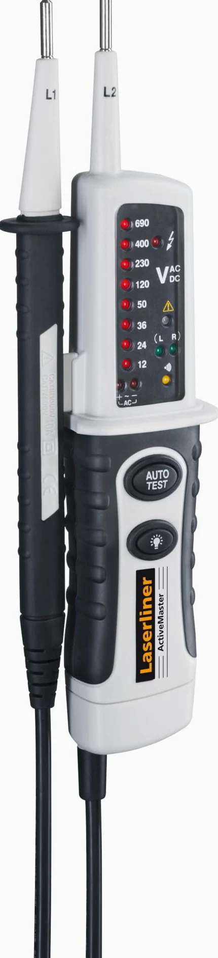Laserliner ActiveMaster, tester napięcia, 12-690 V AC/DC, dwubiegunowy tester z testem pola obrotowego, wskazaniem faz, testem ciągłości, skala LED, autotest, IP64