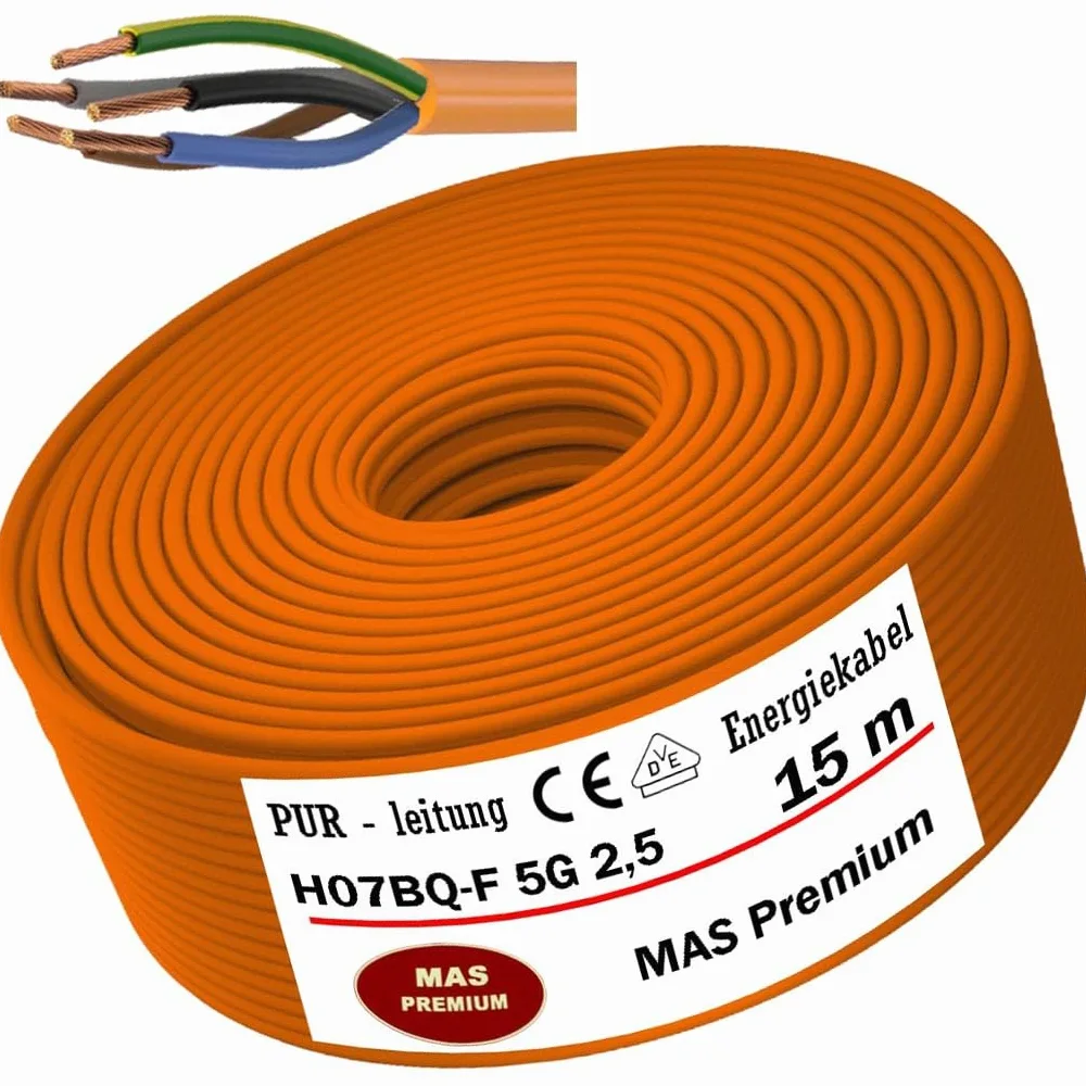 MAS Premium Kabel PUR 5-170 m H07BQ-F 2 x 1,5 3G1,5 2,5 4G1,5 5G1,5 2,5 4 6 7G1,5, pomarańczowy, przewód przyłączeniowy do urządzeń rolniczych lub urządzeń budowlanych (H07BQ-F 5G2,5OR, 15 m)