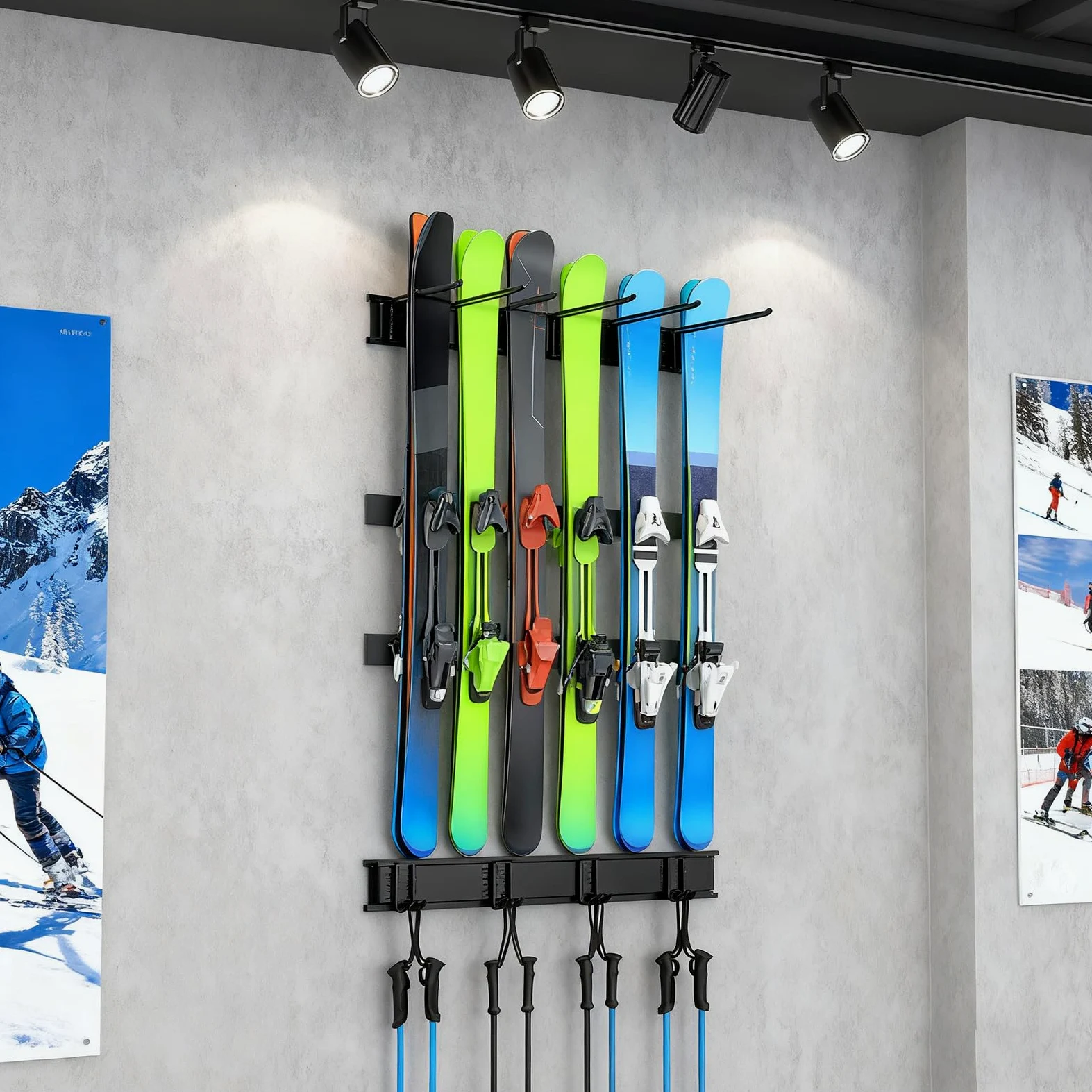Uchwyt na narty do garażu na ścianę – wytrzymały, antypoślizgowy system | organizacji, uchwyt na deskę snowboardową, montaż na ścianie, do sportów zimowych, deskorolki, akcesoria do użytku wewnątrz i