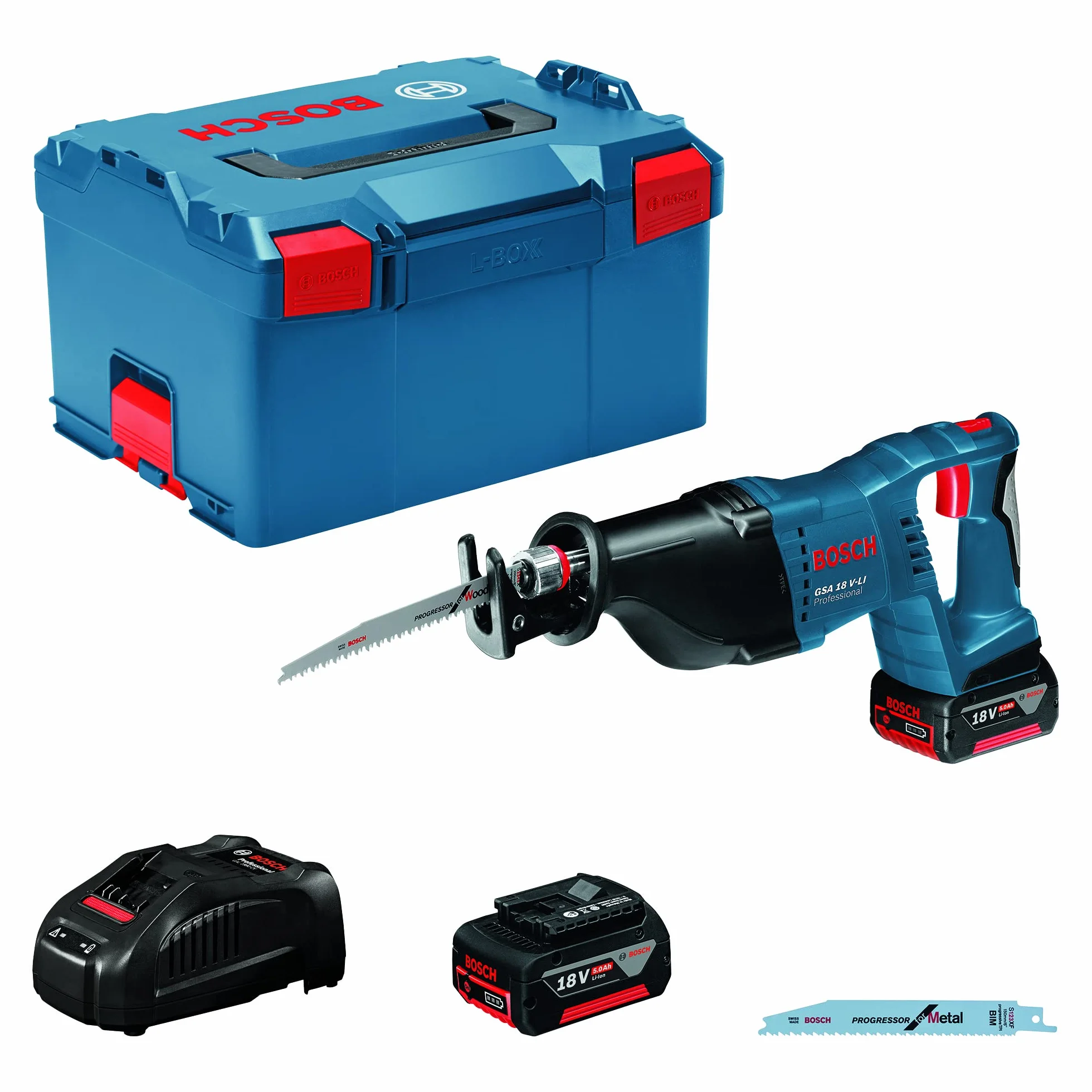 Bosch Professional System: Akumulatorowa Piła Szablasta GSA 18V-LI (2 Akumulatory GBA 5.0Ah, Szybka Ładowarka GAL 1880 CV, 2 Brzeszczoty, Walizka L-BOXX)
