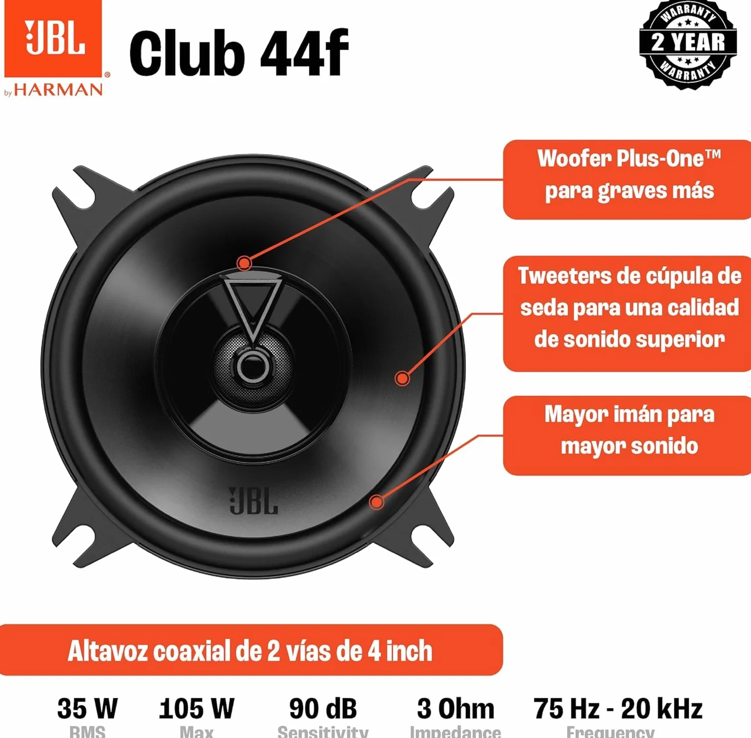 JBL Club 44F Gen 3 – 100 mm zestaw głośników samochodowych firmy Harman Kardon do doskonałych głośników samochodowych – 35 W RMS 105 W Max, wysoka czułość, intensywne basy i imponujące pasmo wysokiej