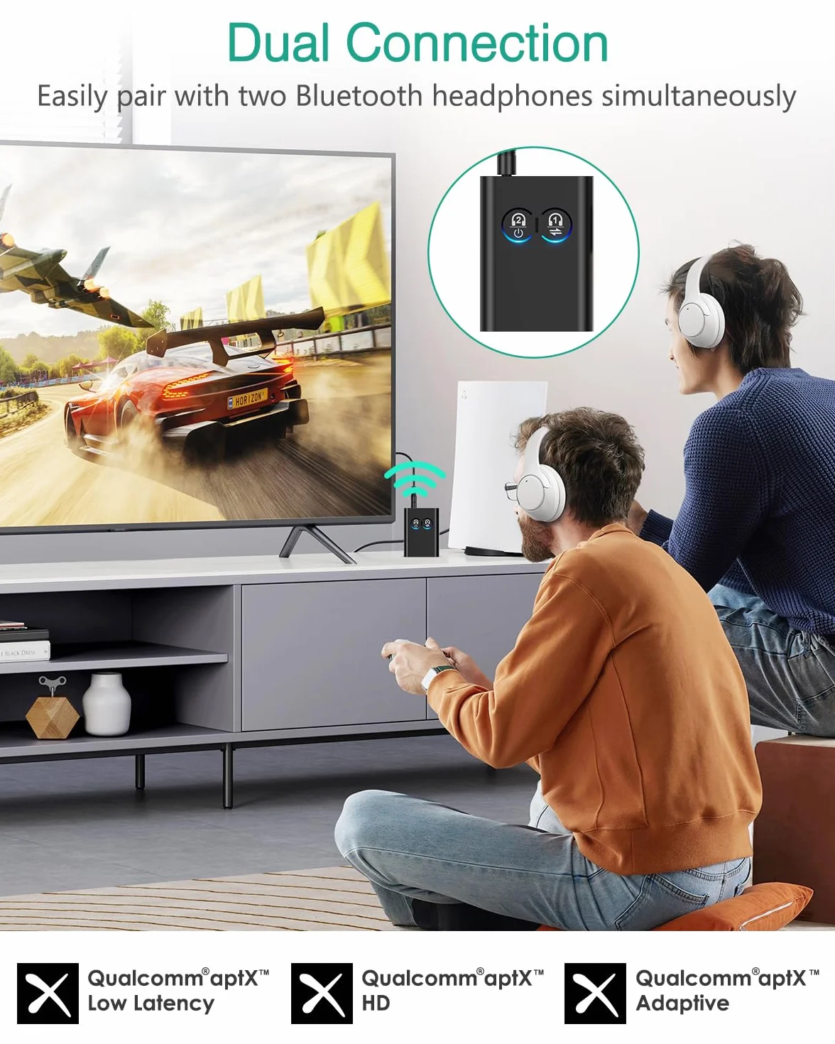 ORIA AptX Adaptive adapter 2 w 1 z podwójnym połączeniem i gniazdem 3,5 mm, bezprzewodowy konwerter audio do komputera, samochodu, gier, głośników, słuchawek i samolotu