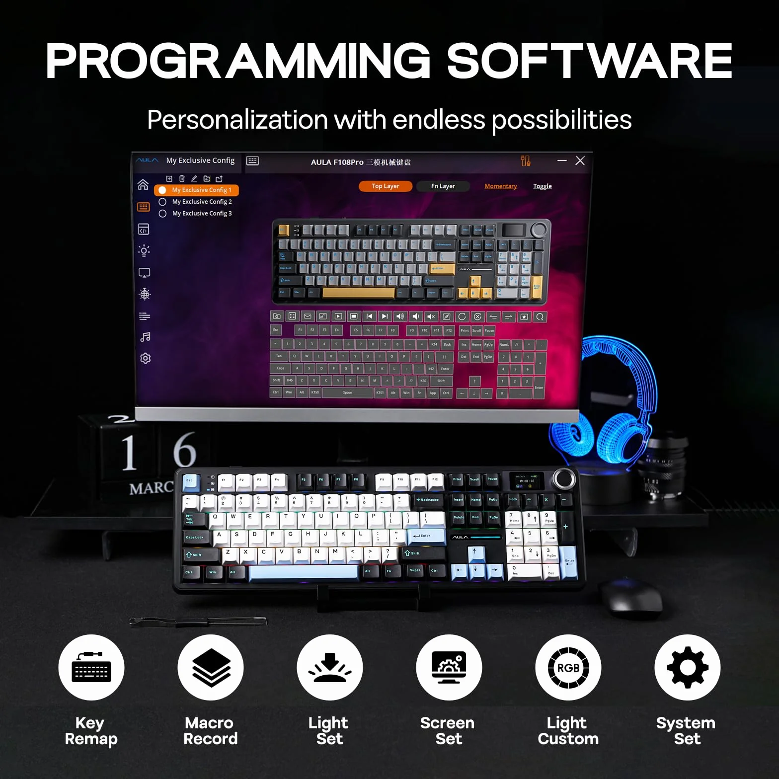 EPOMAKER X Aula F108 PRO klawiatura gamingowa bezprzewodowa 8000 mAh 104 Hot Swap RGB QWERTY niebieska