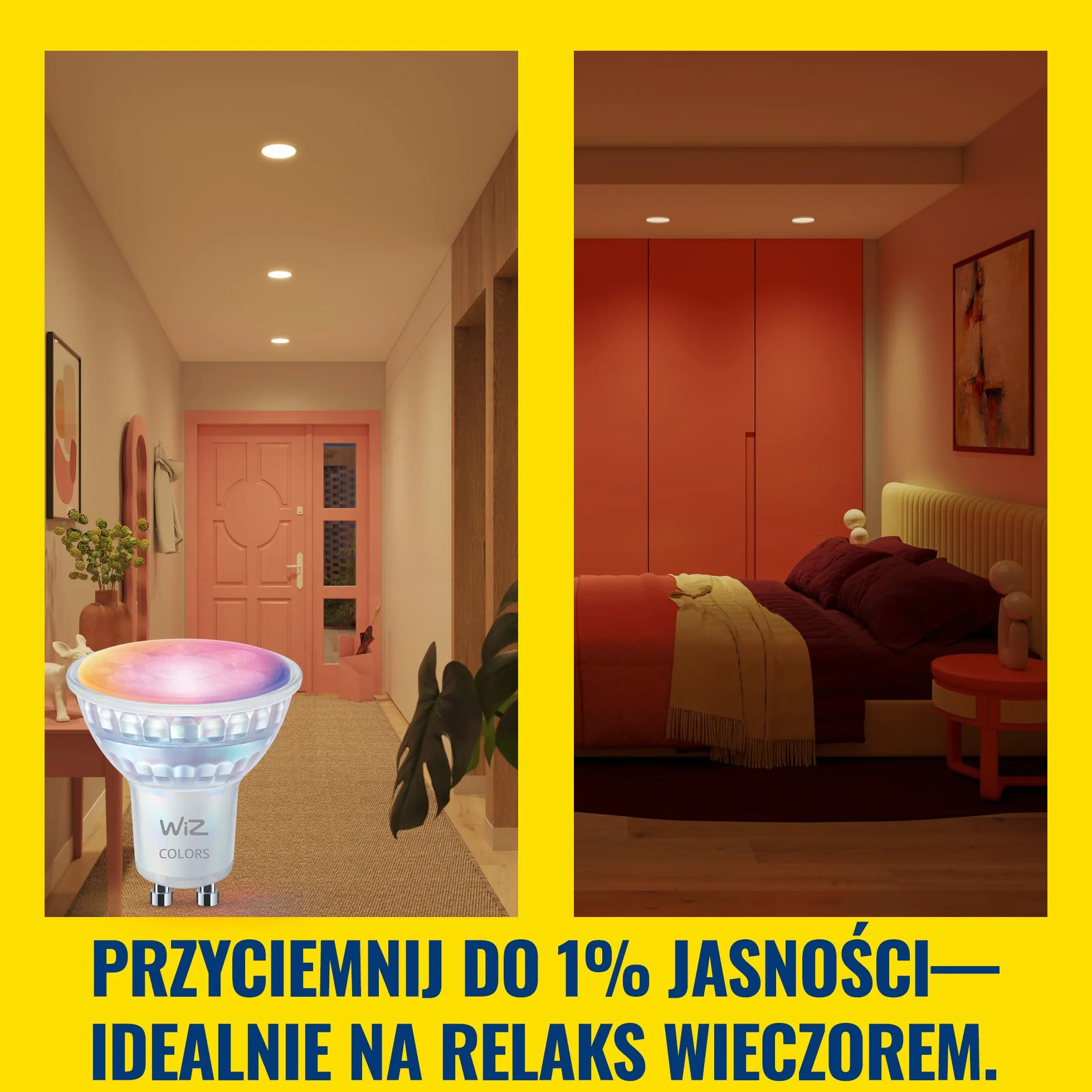 Szklany reflektor punkt WiZ Smart LED GU10, kolor i regul odcień białego światła, odpowiednik 50 W, 2200K–6500K, 345 lumenów, przyciemn, działa z Alexą, Google Assistant i Apple Home, op. 4 szt.