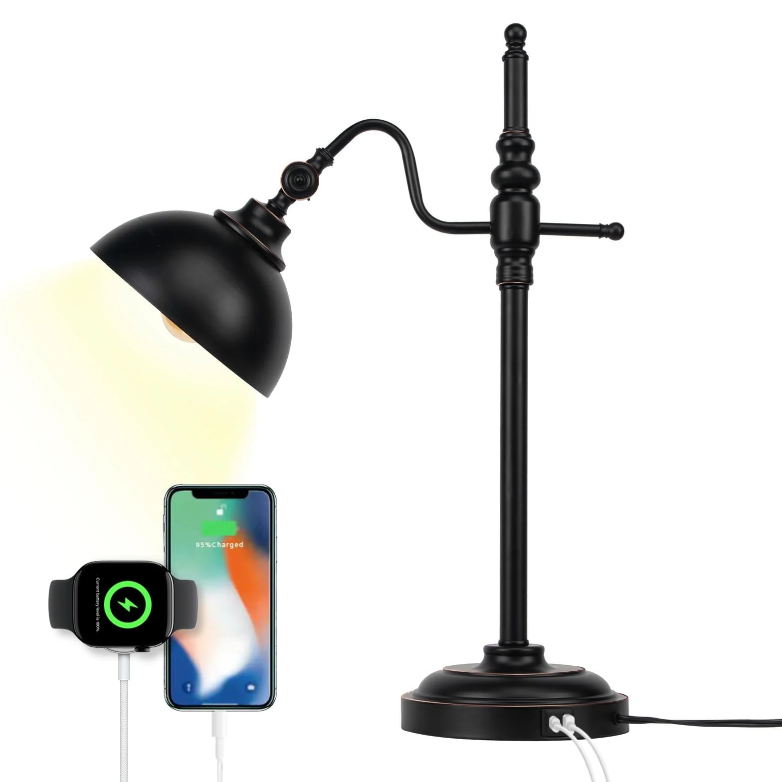 Przemysłowa lampa biurkowa – czarna metalowa lampa robocza z 2 portami ładowania USB, styl vintage do sypialni, kawy, sypialni
