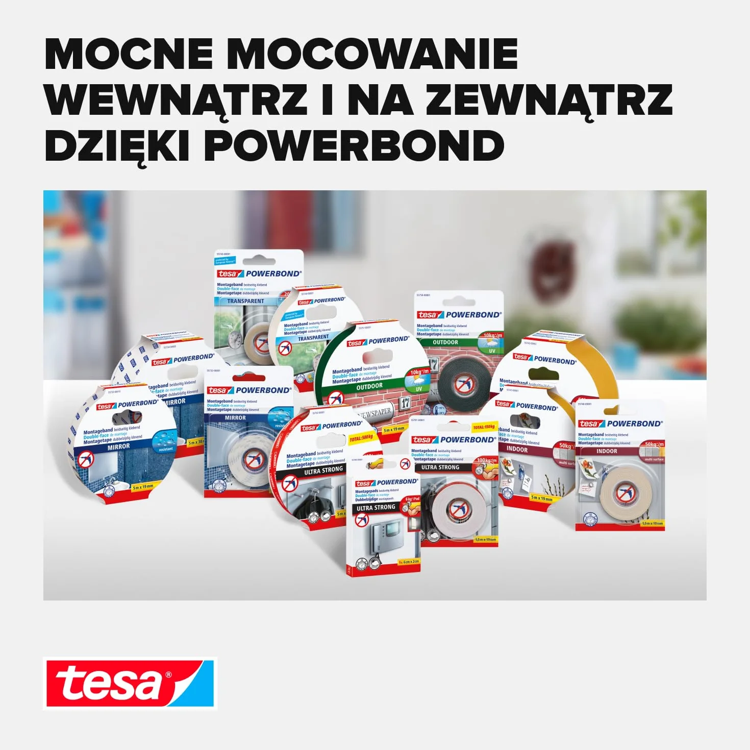 tesa Powerbond taśma montażowa do płytek i metalu, odporna na wilgotne pomieszczenia, o udźwigu do 10 kg na metr – dwustronna taśma klejąca do gładkich powierzchni – 1,5 m x 19 mm