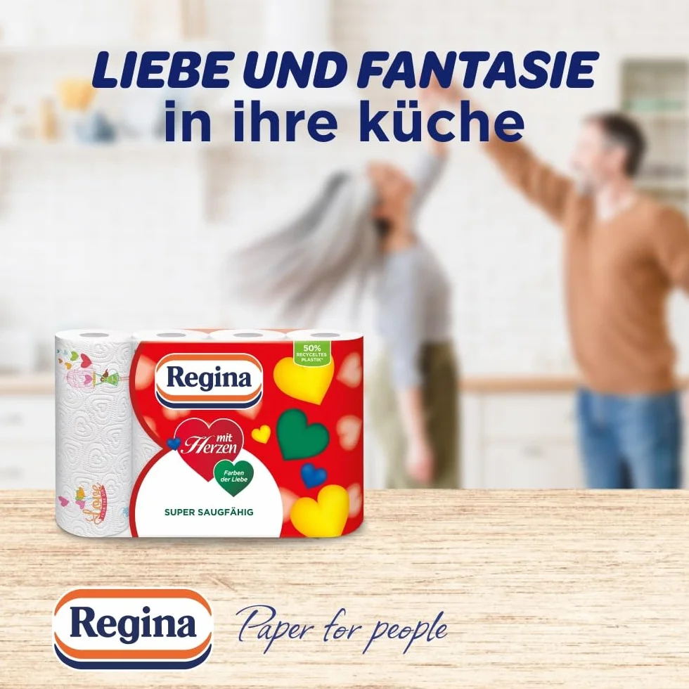 Regina Chusty domowe z serduszkami, 3-warstwowe, 32 opakowania w rolkach (8 x 4 opakowania pojedyncze) | 43 arkusze w rolce | super chłonne, grube, odporne | papier z certyfikatem FSC