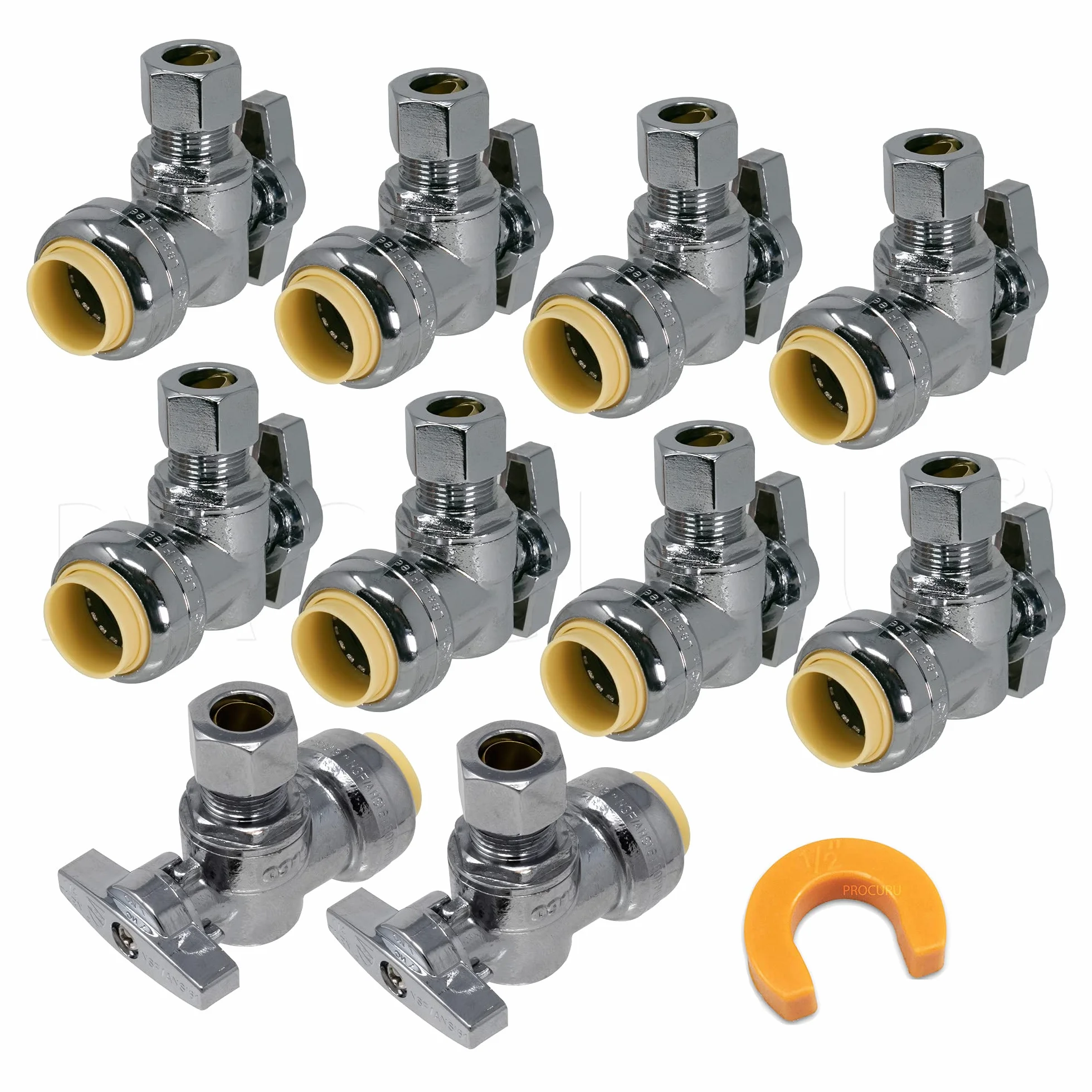 PROCURU Zawór kątowy PushFit 1/2" Nom x 3/8" OD kompresji, ćwierć-włączanie/wyłączanie do armatur łazienkowych - kran, odcięcie zasilania toaletowego - certyfikat bezołowiowy (10 sztuk)